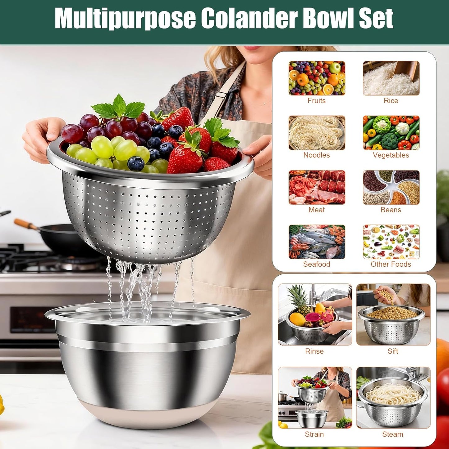 Stainless Steel Mixing Bowls Set with Lids & Silicone Base - 7-Piece Kitchen Gadgets Includes Colander, Grater, Egg Separator, Whisk - Nesting Bowls (1.5, 2, 2.5, 4.5 QT), Dishwasher Safe, Khaki