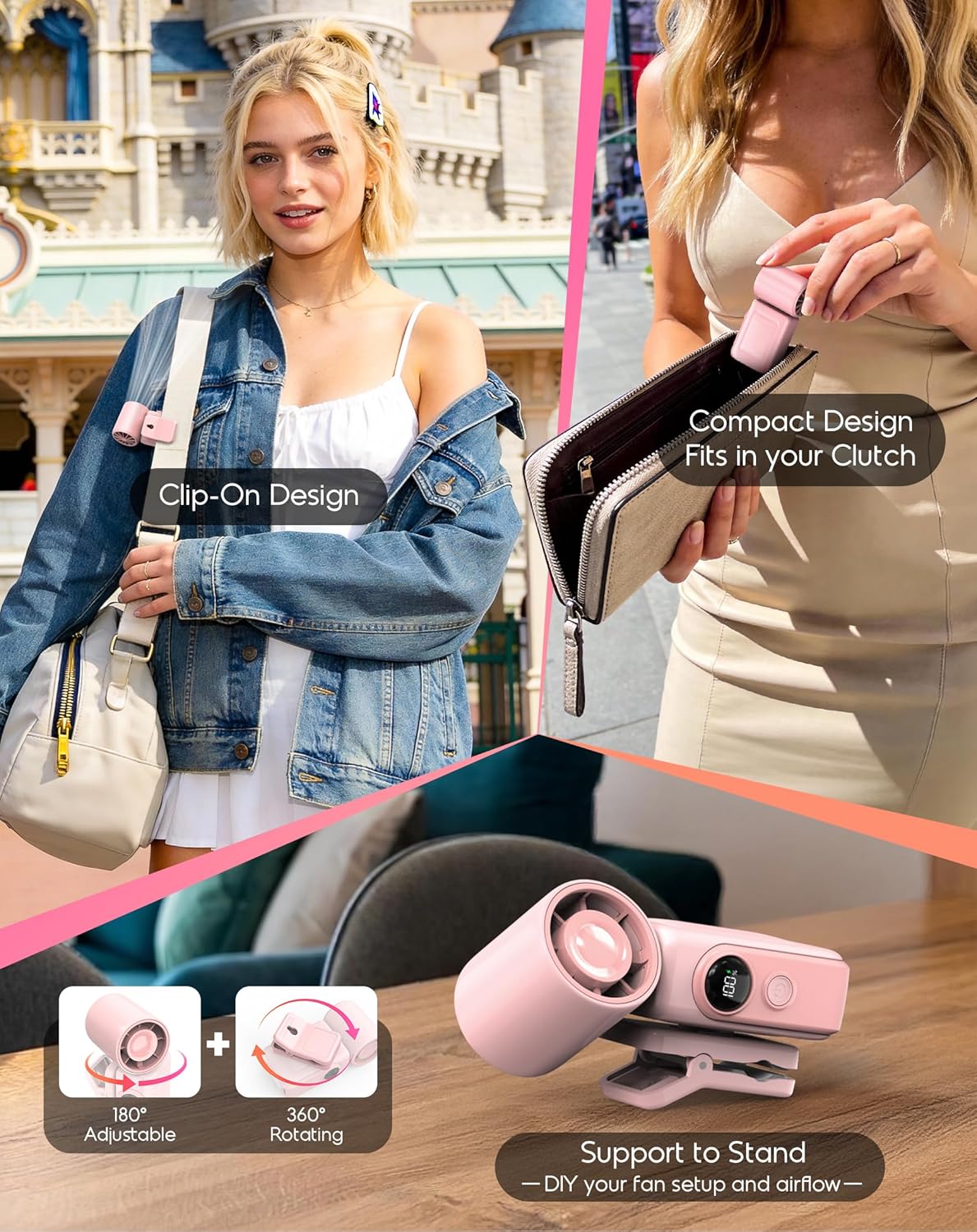 Portable Clip-On Mini Fan, Hands-Free, Turbo Personal Handheld Fans Rechargeable w/ 4 Wind & LED Display, Pocket Size Summer Cooling Essentials for Travel/Eye Lash/Beach/Concert, Gifts for Women(Pink)