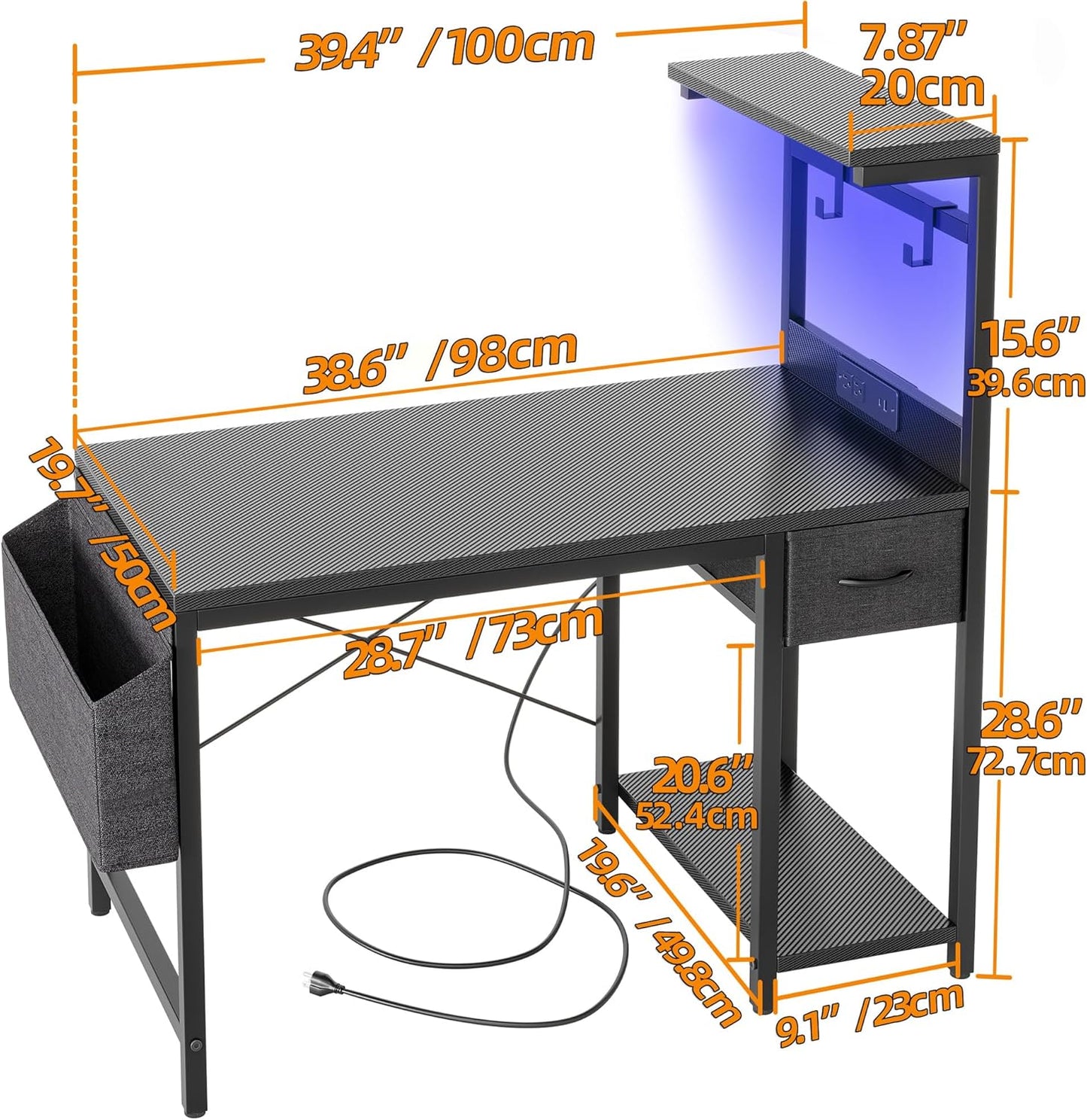 TIQLAB Gaming Desk 40 inch with Power Outlet and LED Light, Computer Desk with Reversible Shelves and Storage Drawer, Small PC Desk for Home Office Table with Bag, Carbon Fiber Black