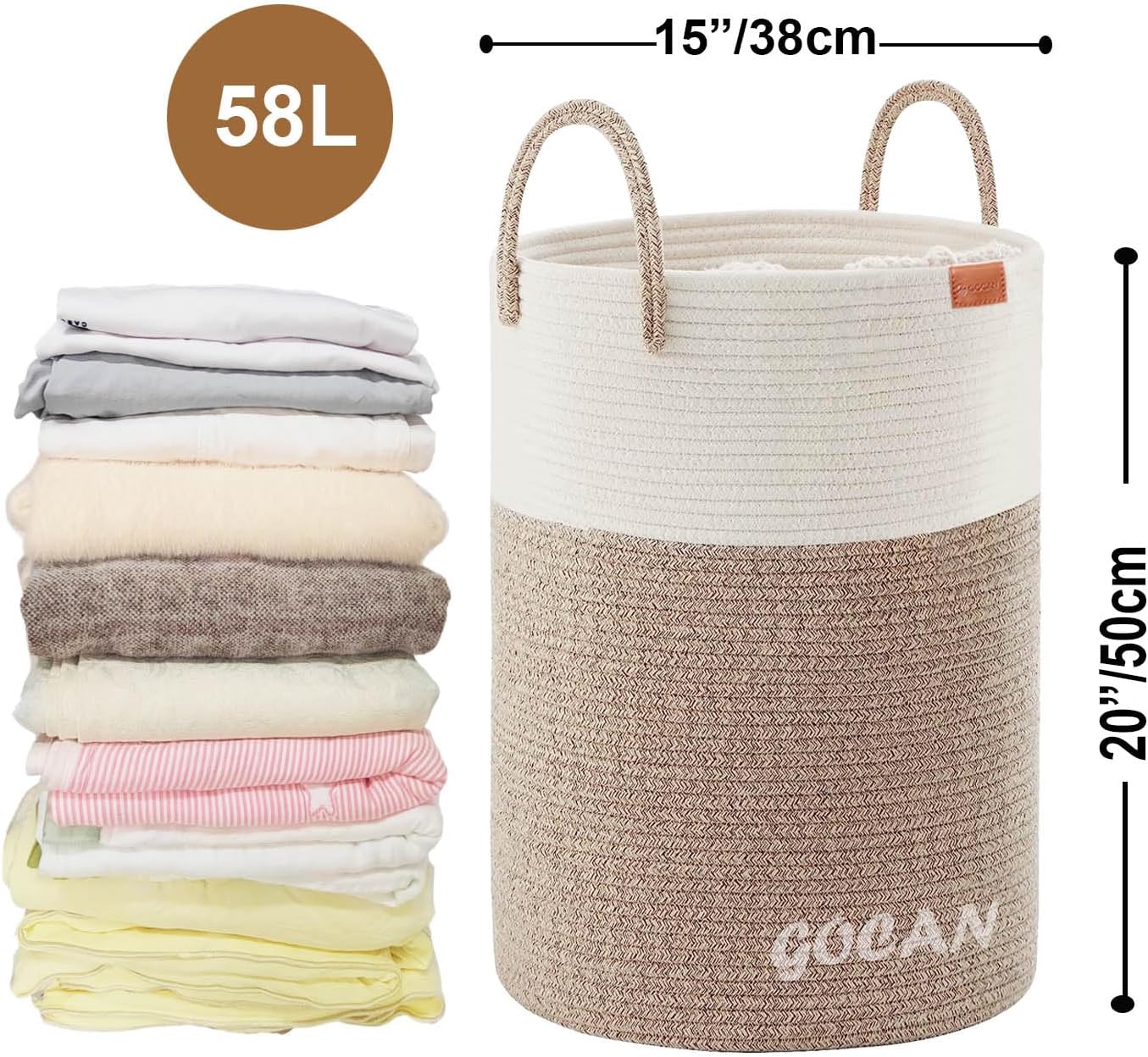 GOCAN large tall sturdier Laundry Hamper Basket Woven Storage Baskets for clothes Pillows Blanket Toy in living or bed room decoration H50XD38cm borwn/beige