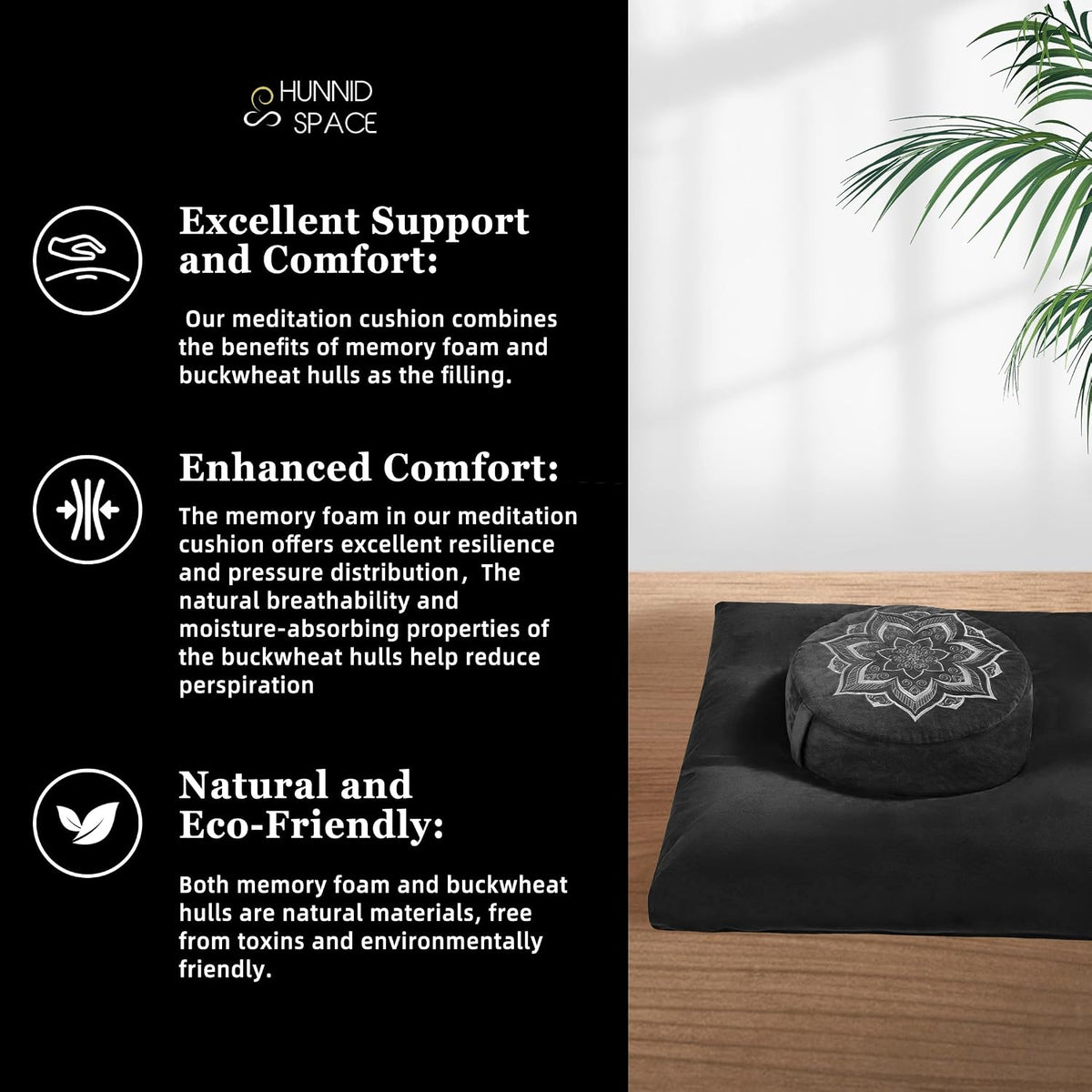 Meditation Cushion Set Zafu & Zabuton – Buckwheat Hull & Memory Foam, Adjustable Floor Pillow for Yoga, Meditation & Sitting, Removable Velvet Cover (Classic Black)