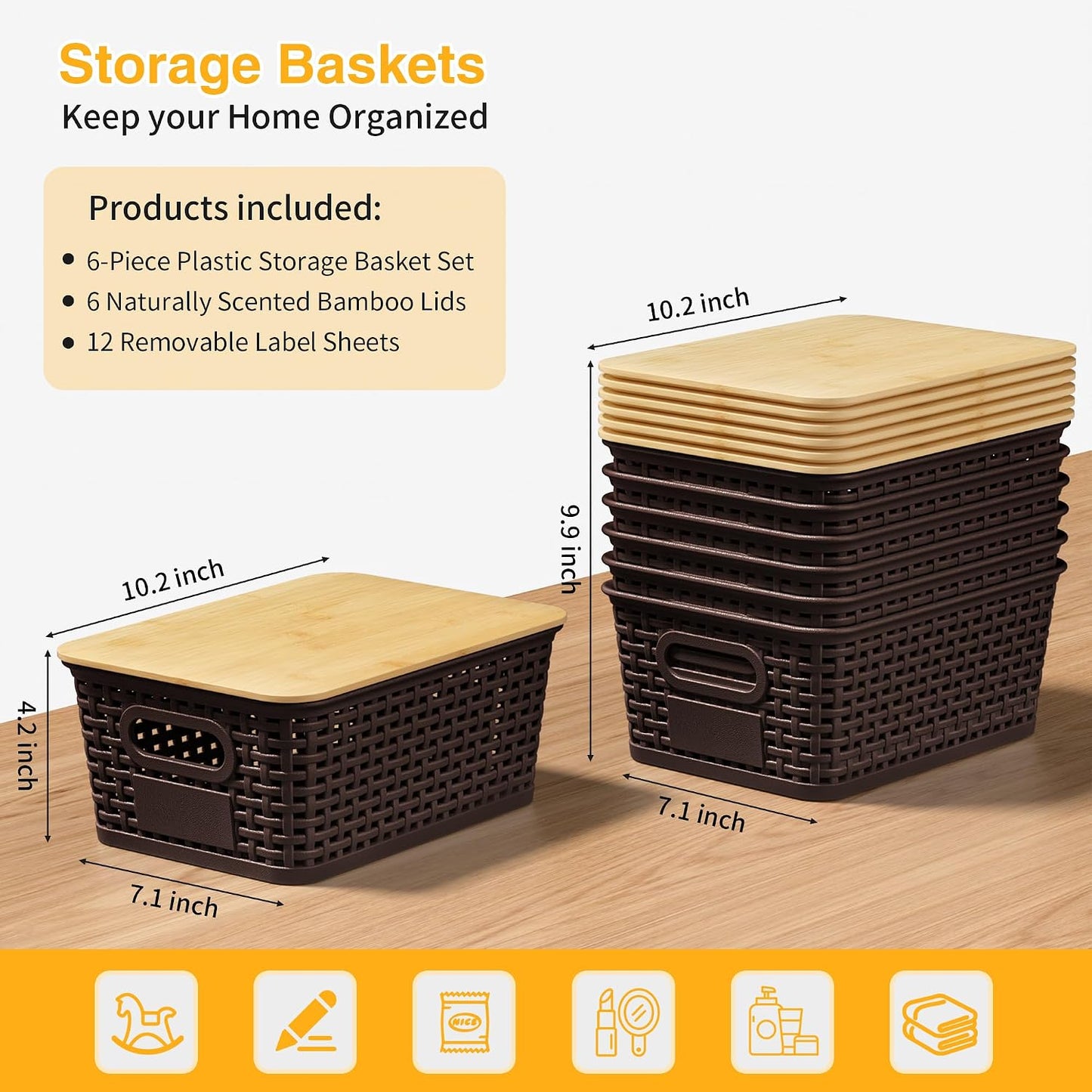 6 Pack Plastic Storage Baskets,Brown bamboo lid storage Box