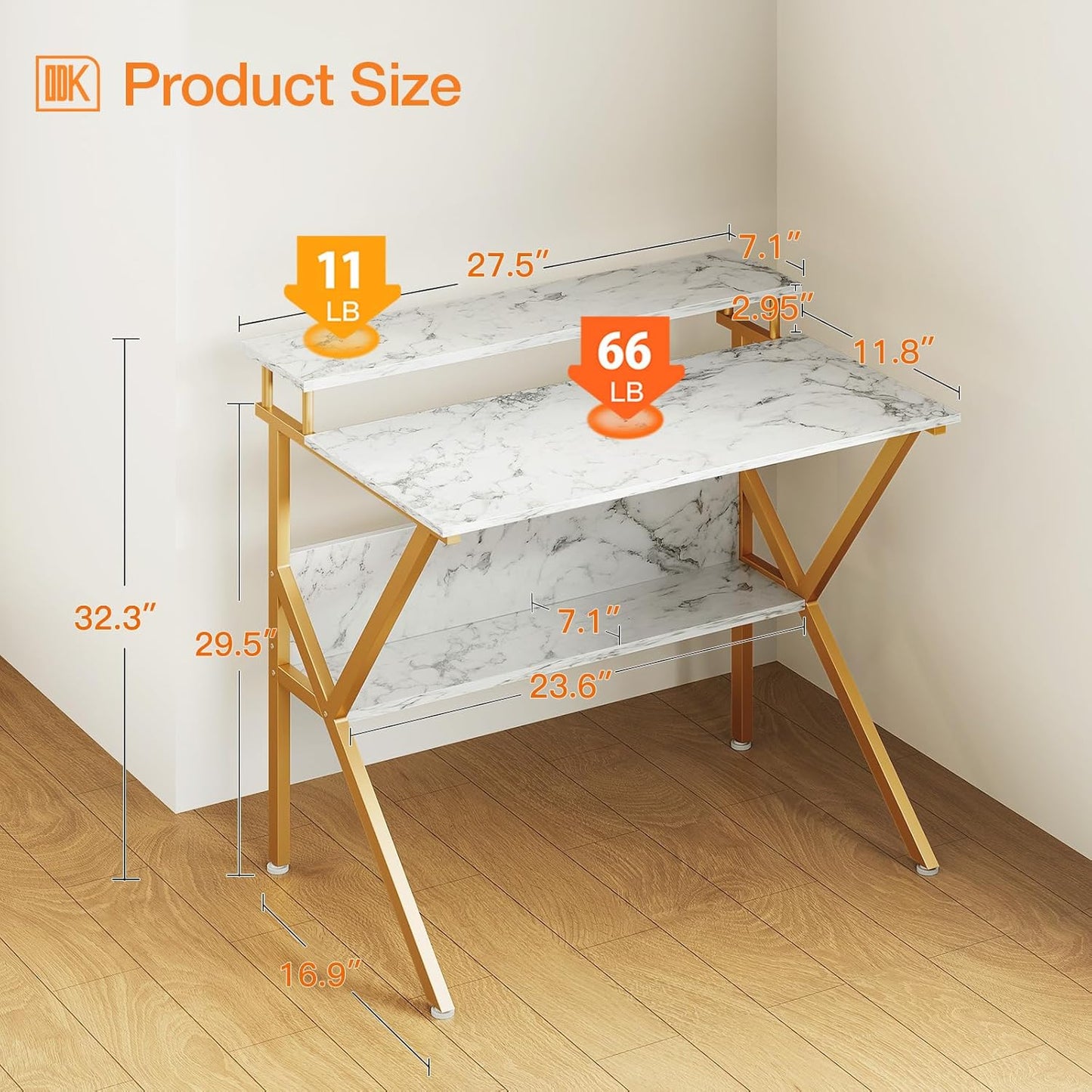 ODK Small Desk, 27.5 Inch Computer Desk for Small Spaces, Study Desk with Storage & Monitor Stand, White Marble + Gold Leg