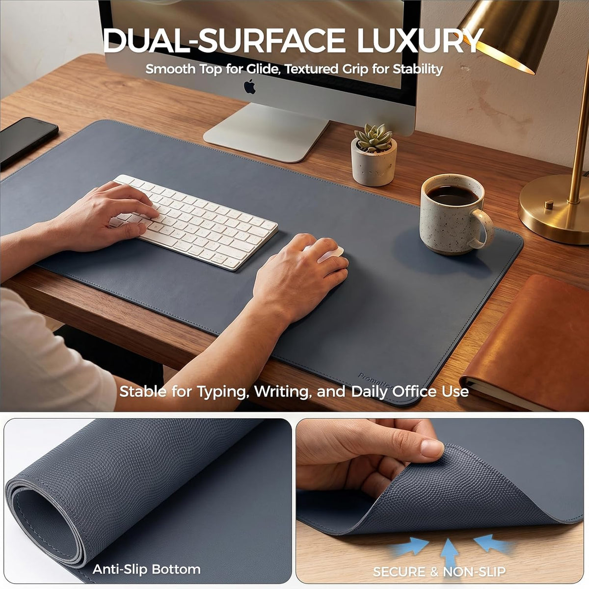 Large Desk Pad Non-Slip Desk Mat Protector for Keyboard Mouse Waterproof Vegan Leather Surface Faux Leather Laptop Mat Smooth Mouse Pad Premium Gift Tube Dusk Navy 47" x 23"