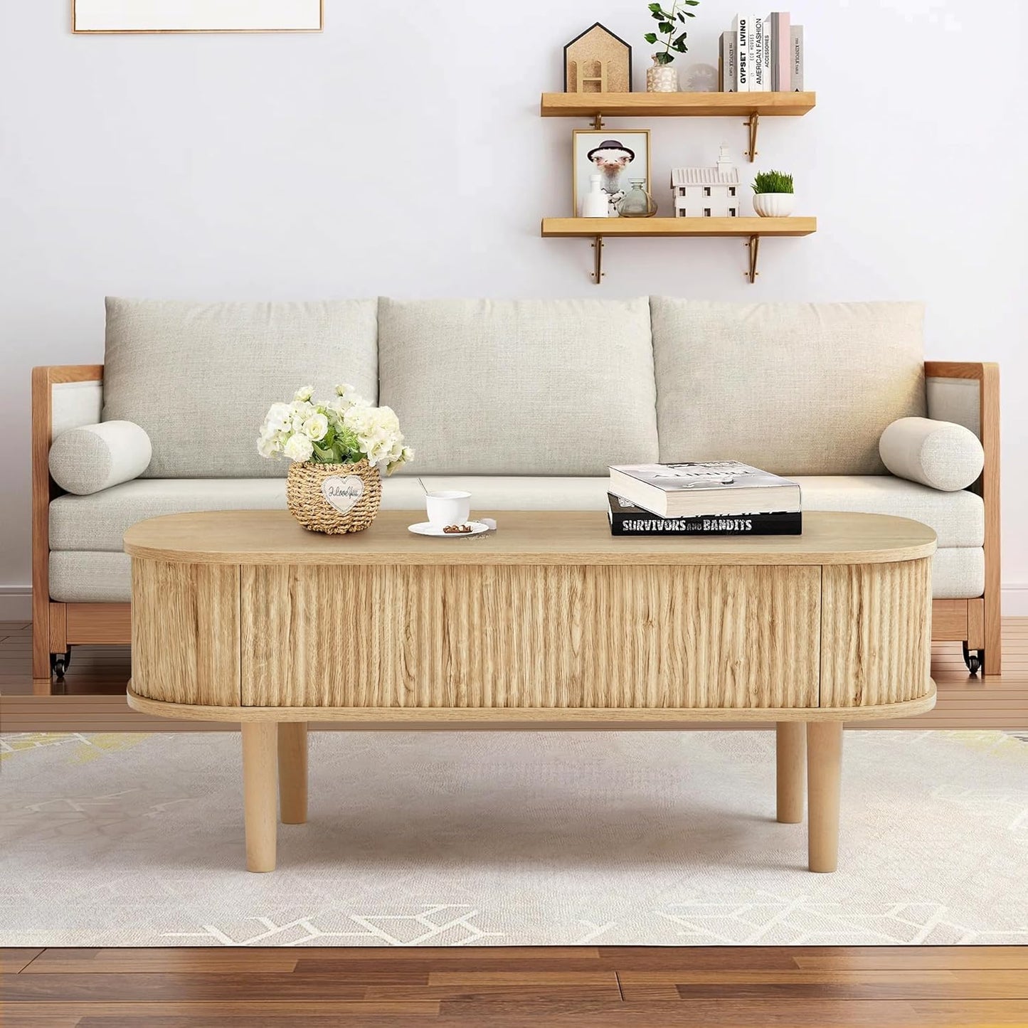 Fully Assembled Fluted Lift Top Coffee Table with Hidden Compartment, Wooden Center Table, Modern Oval Lift Tabletop for Home Living Room Office, Natural