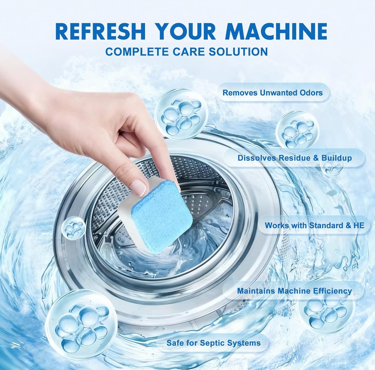 Washing Machine Cleaner Tablets and Deodorizer: 24 Pack Laundry Machine Tub Descaler Cleaner, Deep Cleaning Household Pods for HE Front Loader Top Load Washer, Septic-Safe Eco-Friendly - 1 Year Supply