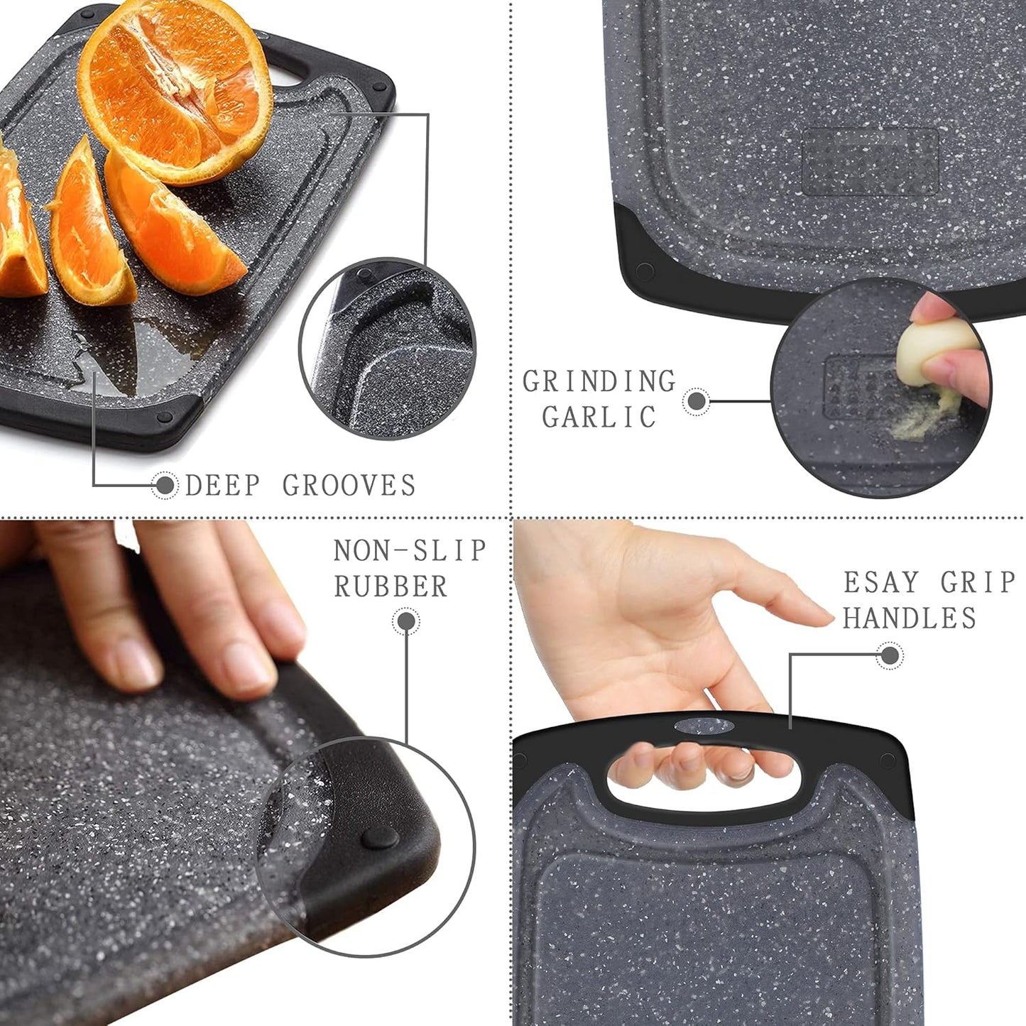 Viretang Plastic Cutting Boards Set of 3 for Kitchen, Thick Chopping Board with Deep Juice Grooves, Non‑Slip Feet, Easy Grip Handle, BPA Free, Dishwasher Safe,Black