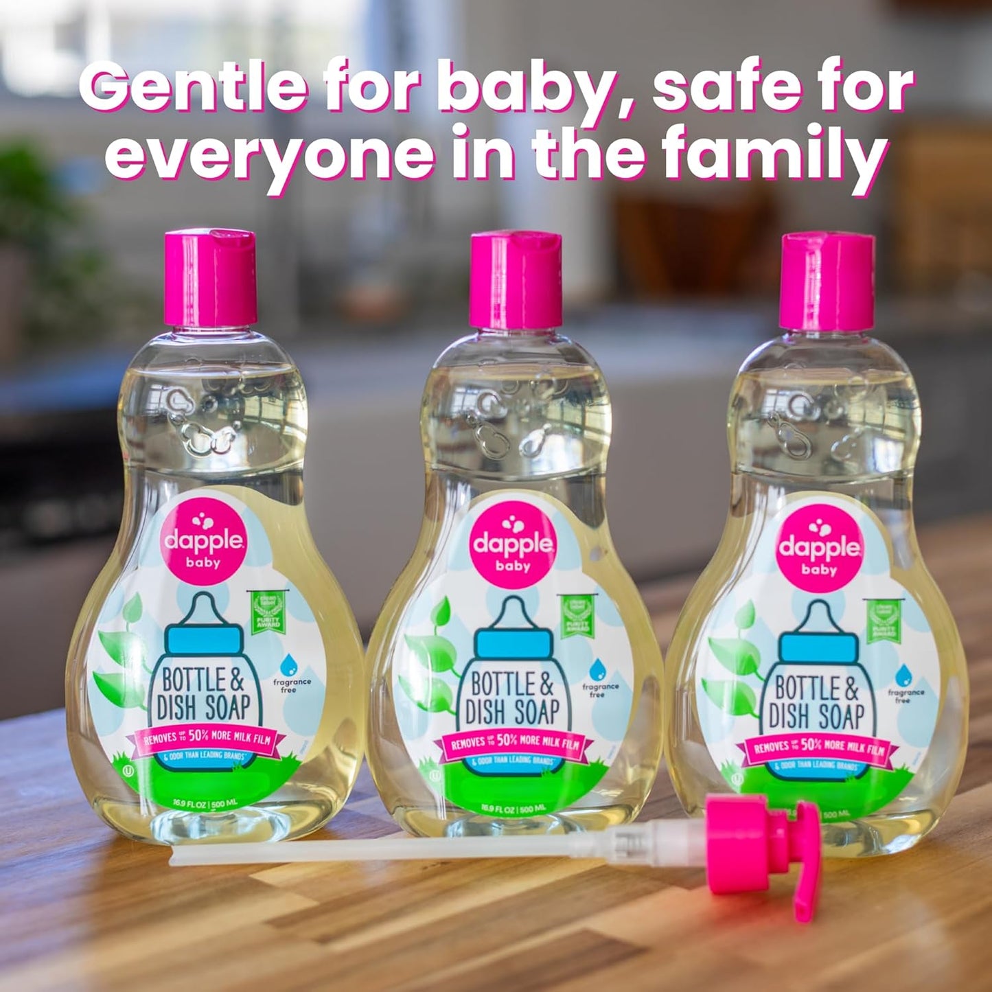 Dapple Baby Fragrance Free Bottle & Dish Soap - (3 Pack) 16.9 fl oz - Cleans Baby Bottles, Sippy Cups, Pacifiers, Breast Pumps, & More - Gently Removes Milk Film & Odors - Includes 1 Pump