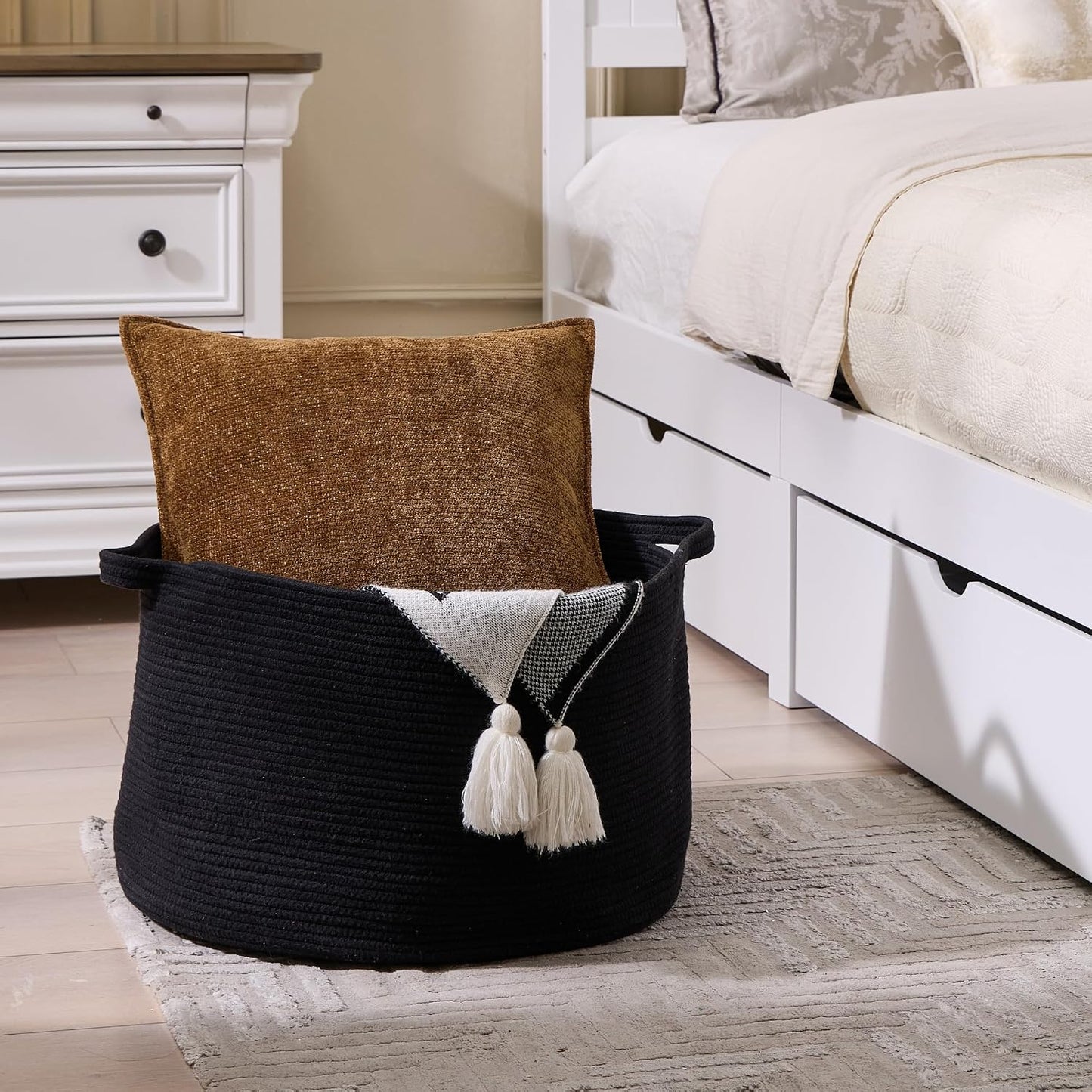 Luxury Little Extra Large Nursery Storage Basket, 22 x 22 x 14 inches - 100% Cotton Rope Baskets with Handles, Blanket Basket for Toys, Blankets & Pillows - Inner Black