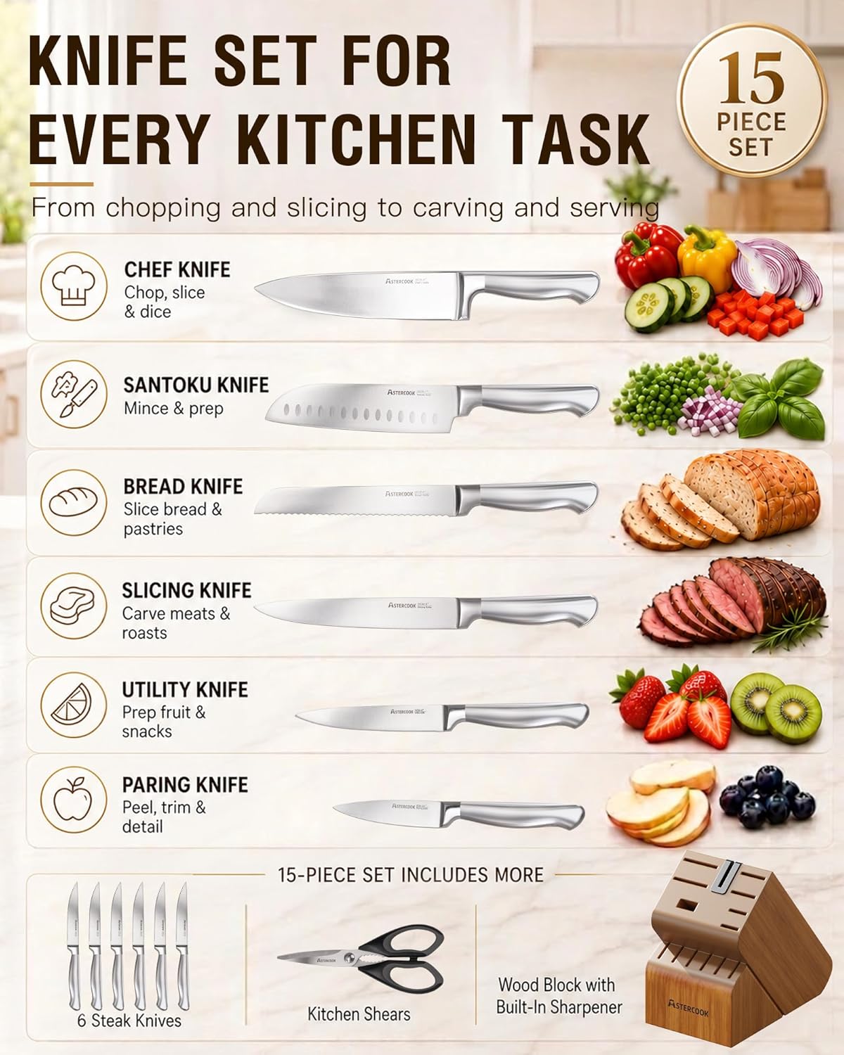 Astercook Knife Set, 15 Piece German Steel Kitchen Knife Set with Built-in Sharpener, One-Piece Knife Block Set Rust-Resistant Dishwasher Safe Block Knives Set for Cooking & Gift (Walnut Brown)