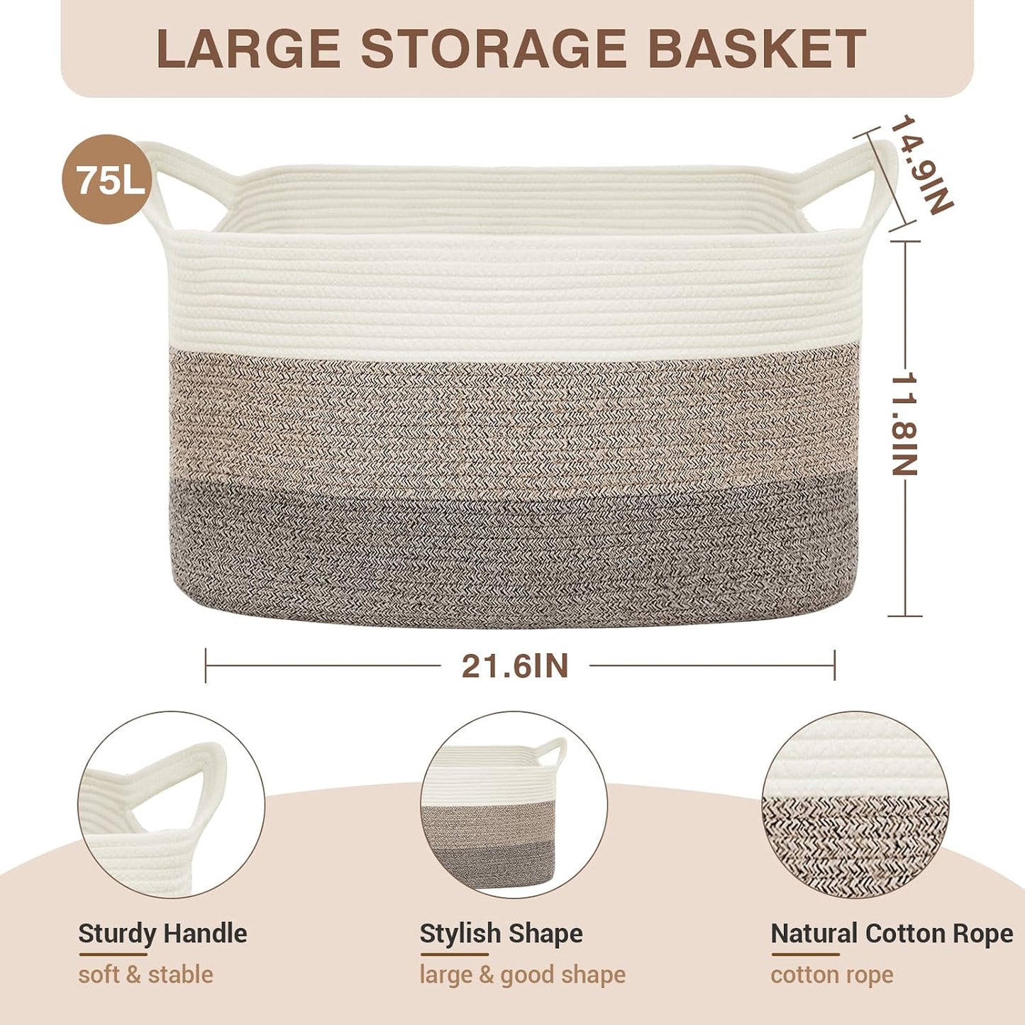 YOUDENOVA Large Blanket Basket, Rectangle Cotton Rope Storage Baske | Nursery Laundry Hamper for Storage Clothes Organizing, 21.6''×14.9''×11.8'' Woven Basket, Dirty Clothes Organizer Bins