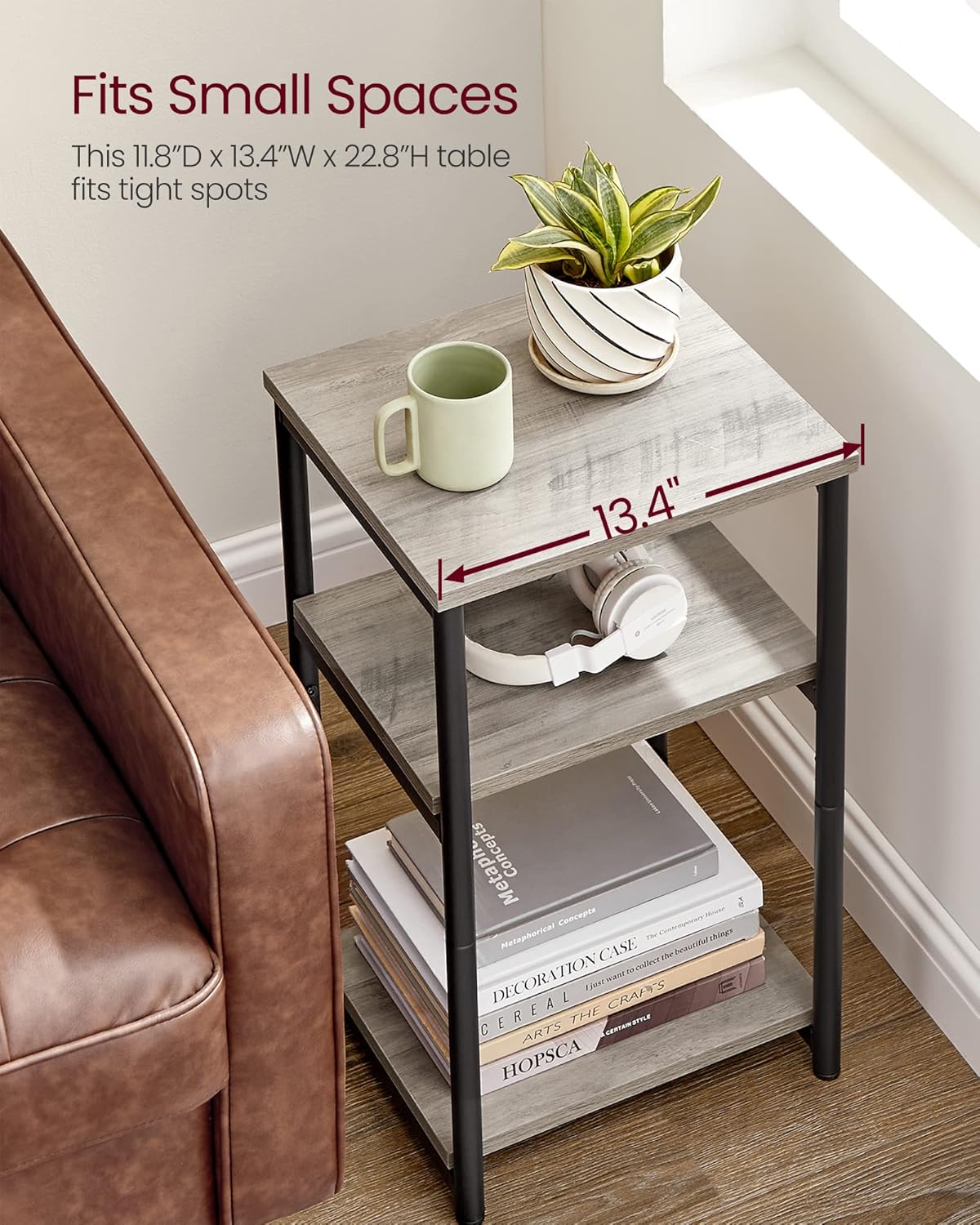 VASAGLE BARNET Collection - Side Table, Small End Table for Living Room, Modern Tall Nightstand, Bedroom, Office, Bathroom, Steel Frame, Heather Greige and Ink Black ULET273B02