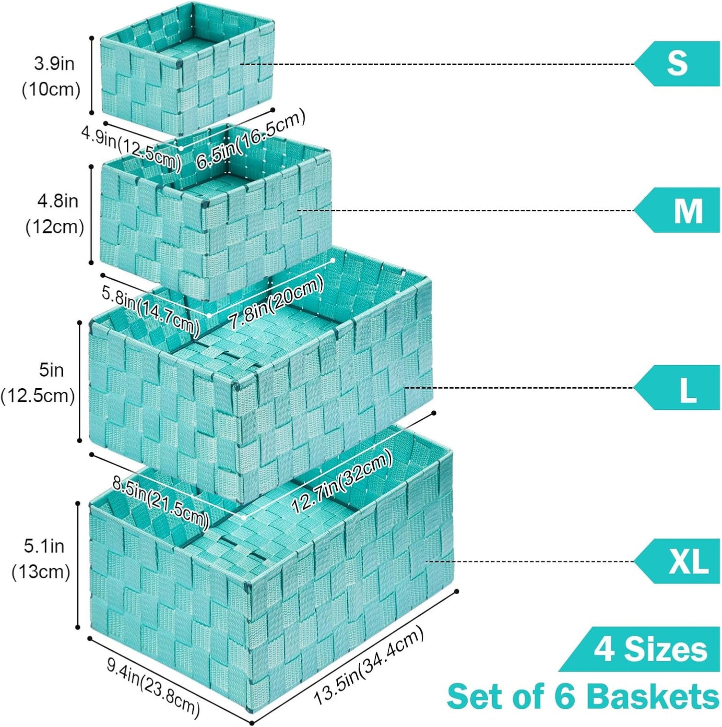 Storage Baskets: 6 Pack Stackable Woven Storage Bins, Aqua