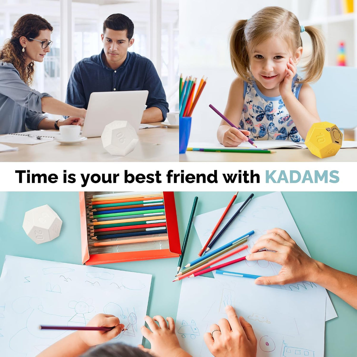 KADAMS Pomodoro Cube Timer Productivity-11 Preset Countdowns, Flip-to-Start Gravity Activation - Sound Vibrate Mute Rechargeable - Ideal for ADHD Kid Kitchen Classroom Cook Study Exercise - White