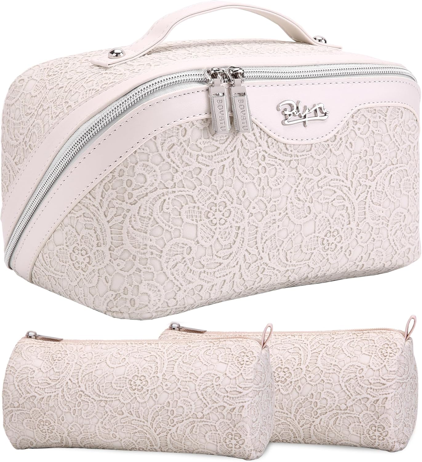 BOYATU Travel Makeup Bags Cosmetic Organizer Bag: 3-Set Large Capacity Make up Bag - PU Leather Toiletry Bags for Women - Wide Open Portable Pouch with Divider & Handle (02-Light Brown)