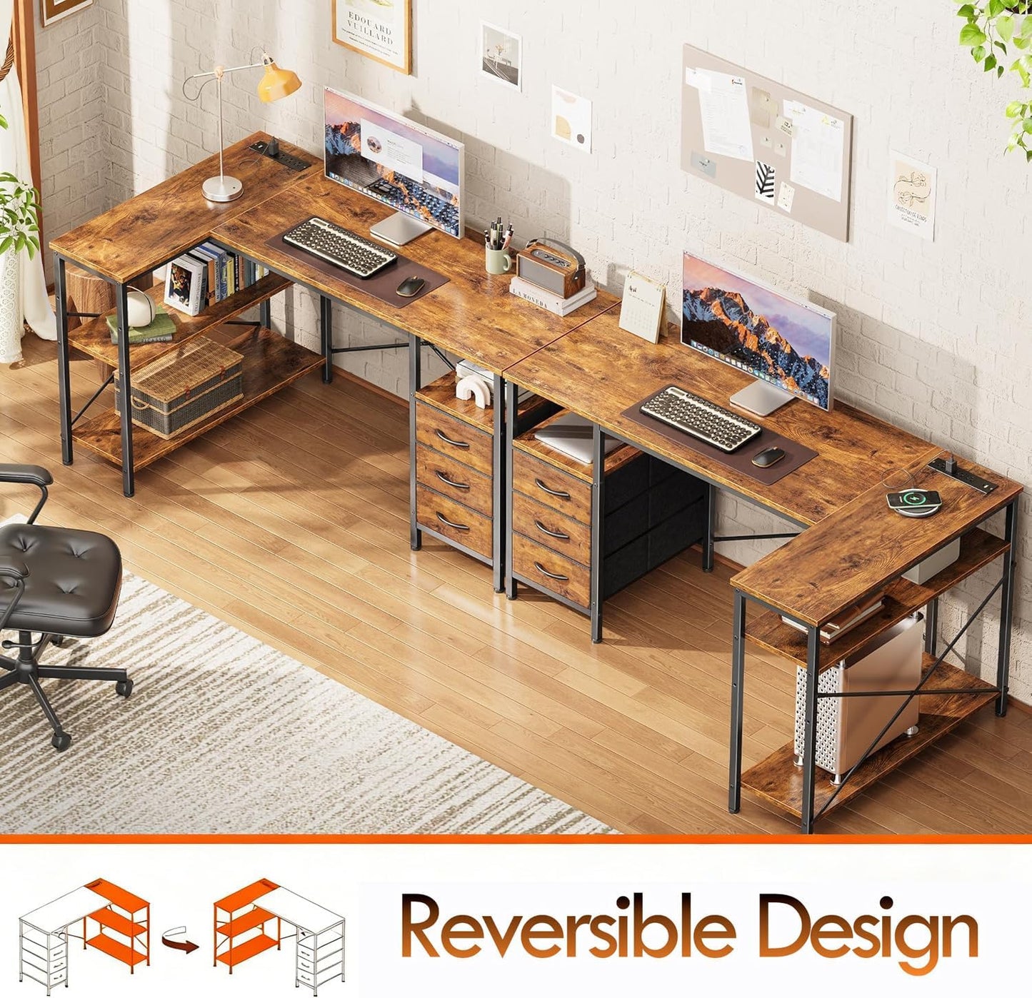 Alpen L Shaped Computer Desk, 47 Inch Corner Desk with Drawers and Power Outlets, Home Office Desk for Gaming, Study Writing PC Table with Storage and Reversible Shelf, Rustic Brown