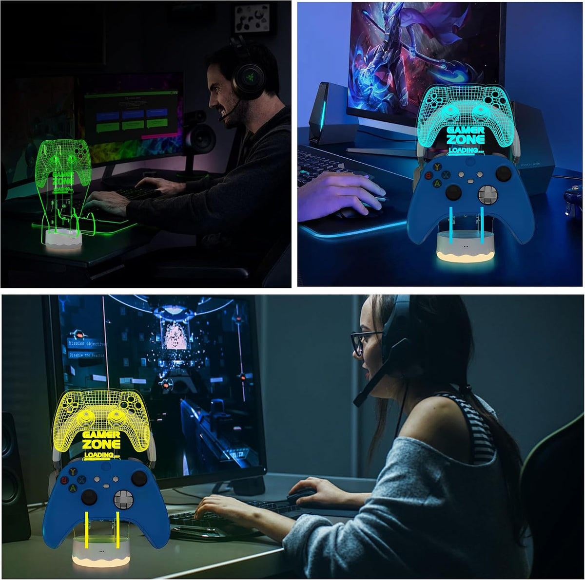 CoolGift Mart Light up Headset and Controller Stand, 16 Colors 3D LED Lights Gamepad Headphone Holder with Remote Control, Game Controller Hanger for All Universal Gaming PC Accessories