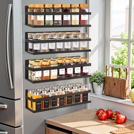 SMRCAD Metal Magnetic Spice Rack for Refrigerator, 4 pack Magnetic Shelf for Fridge Space Saving Seasoning Organizer for Any Metal Surface No Drilling Needed (BLACK -cut out, 4pack)