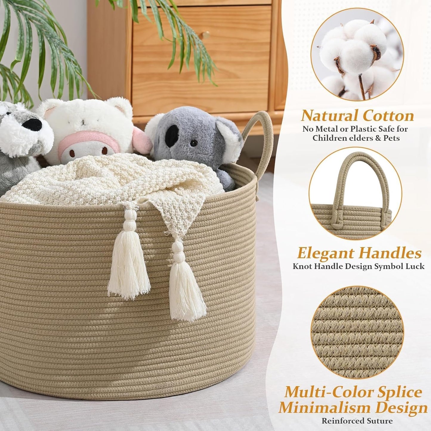 67L Large Woven Blanket Basket, Cotton Rope Baby Laundry Hamper with Handles, Kids Toy Basket for Classroom & Nursery, Soft Round Stuffed Animal Storage, Dog Toy Bin - 20"x13", Brown