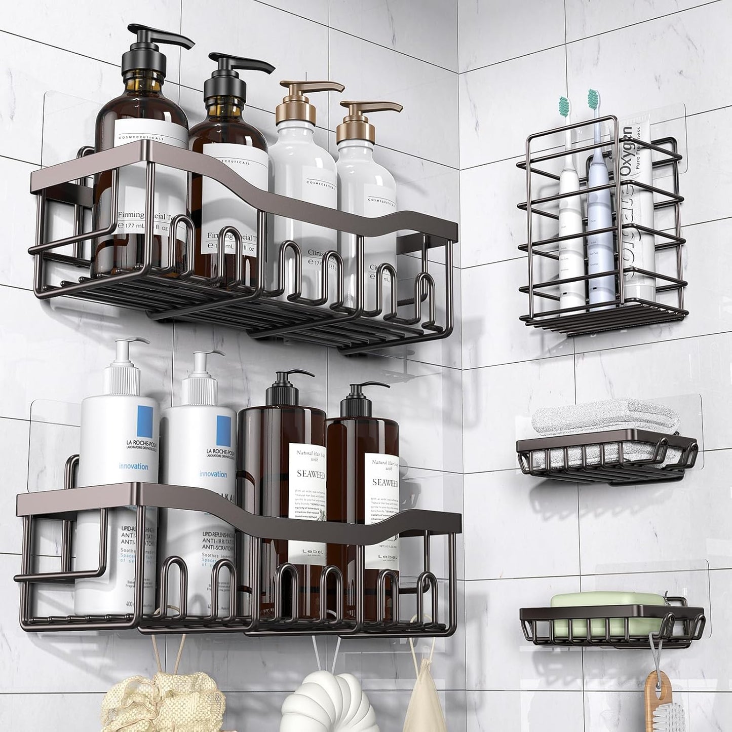 5-Pack Shower Caddy, No Drill Adhesive Shower Organizer, Rustproof Stainless Steel Bathroom Organizer, Space-Saving Bathroom Shelves for Apartment Essentials, Kitchen Storage Home Decorr-Larger