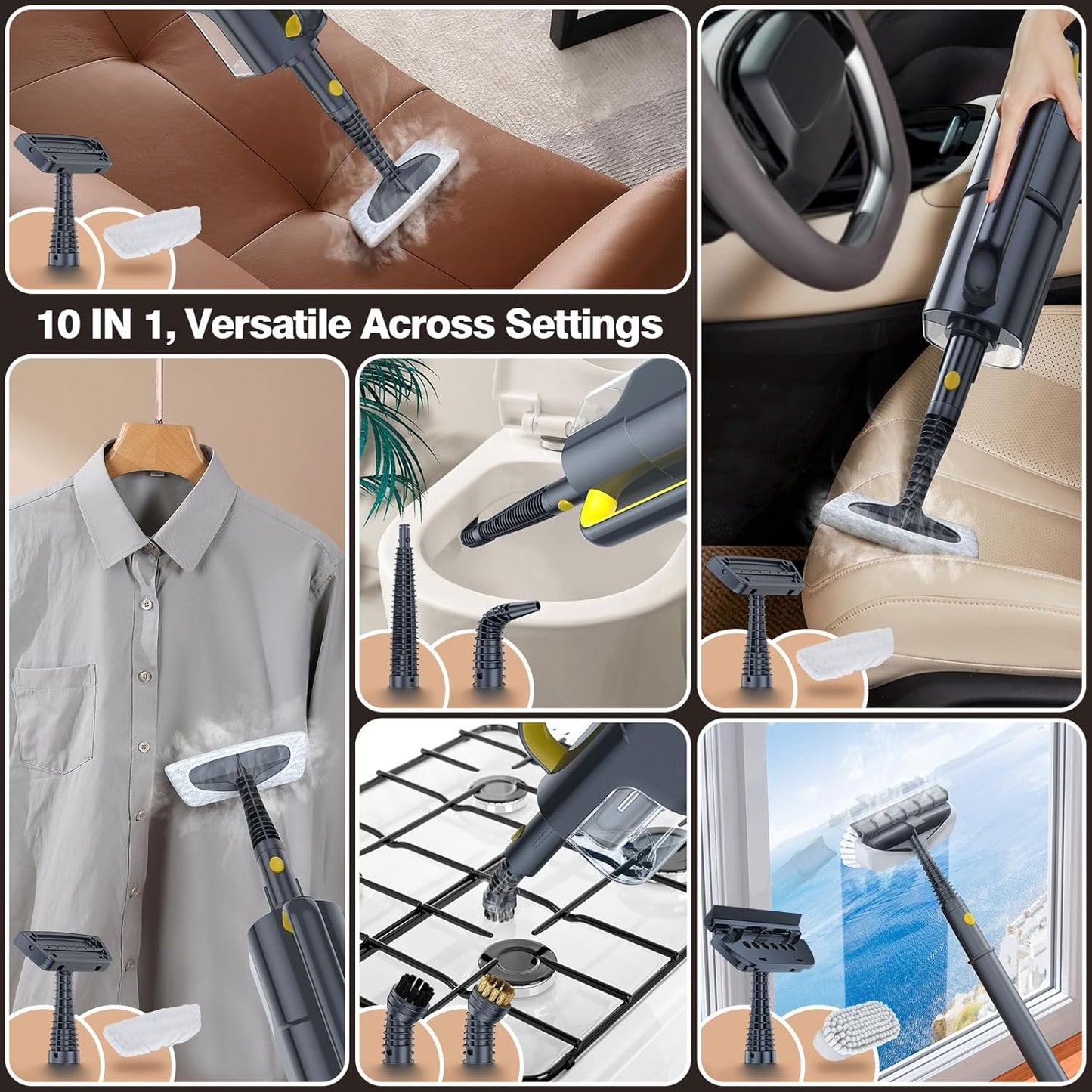 Steam Mop with Detachable Handheld Steam Cleaner, 10-in-1 Multi Accessories, Quick 10s Heat, 350ml and 2-Level Steamer for Cleaning Floor, Carpet, BBQ Grill, Tile, and Grout, Gray