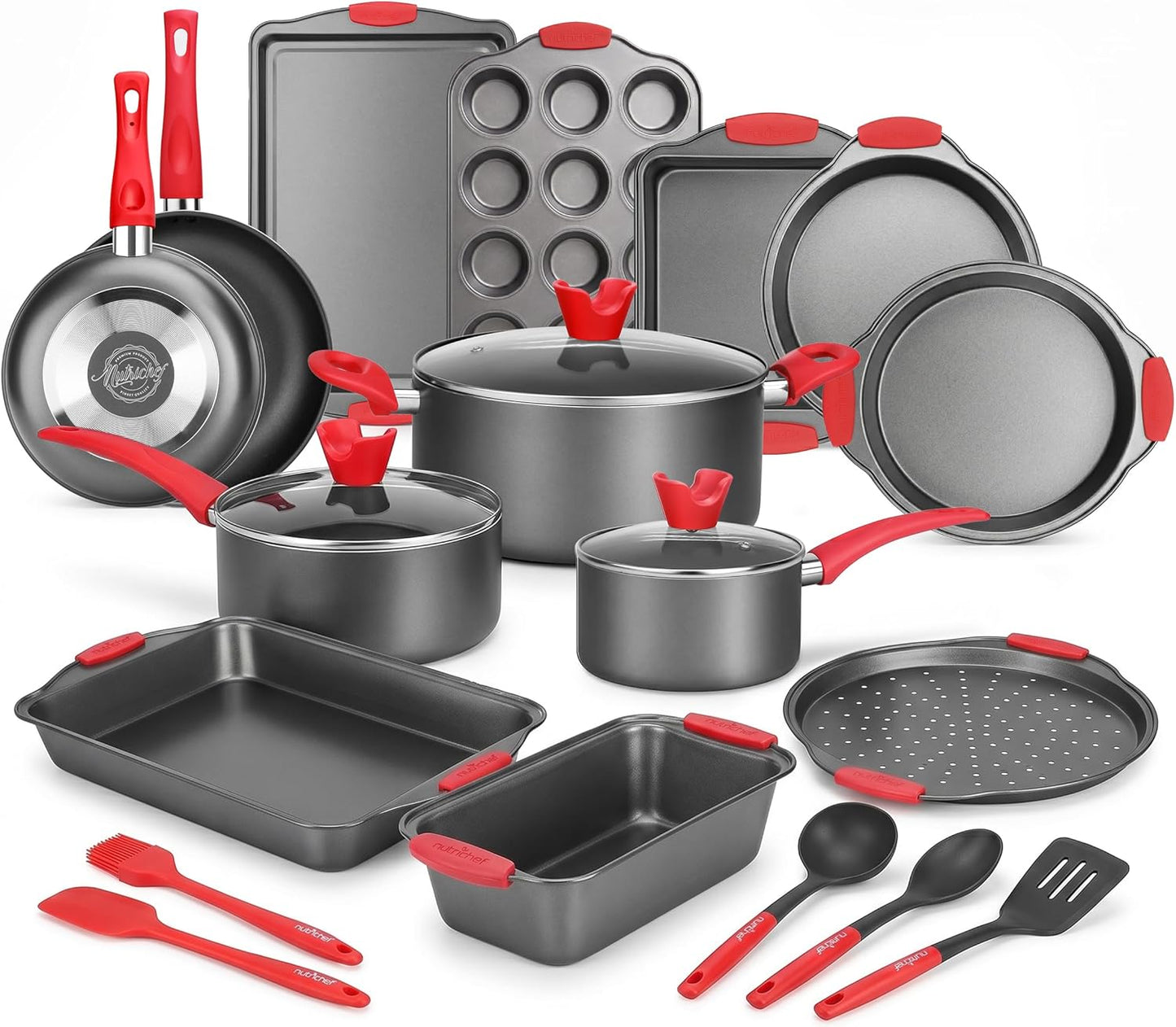 NutriChef 3-Piece Nonstick Kitchen Oven Baking Pans - Premium & Stylish Non-Stick Steel, Commercial Grade Restaurant Quality Metal Bakeware with Red Silicone Handles - Easy to Clean, NCSBS3S