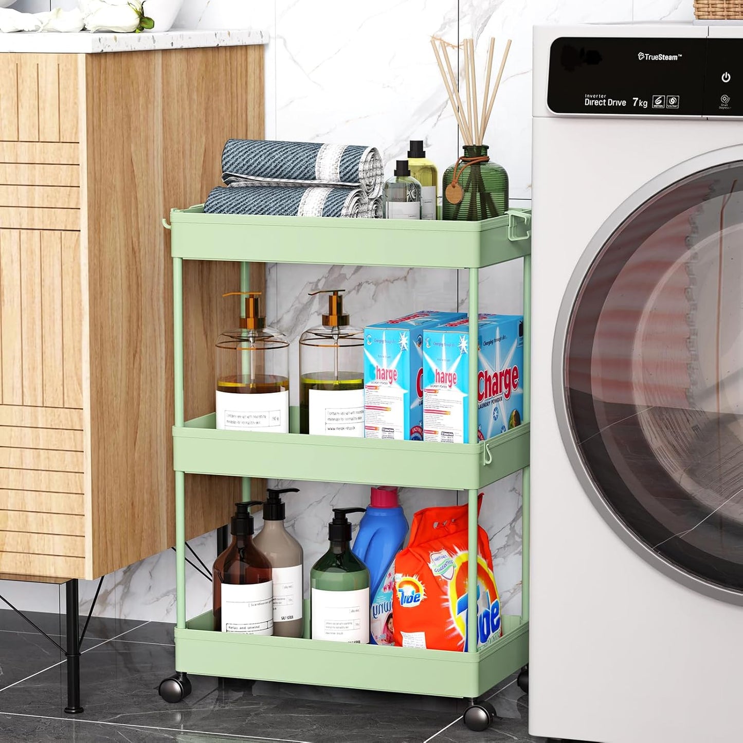 SPACEKEEPER Green 3-Tier Rolling Storage Cart, Bathroom & Kitchen Organizer, Modern Plastic Frame, Adjustable Shelves