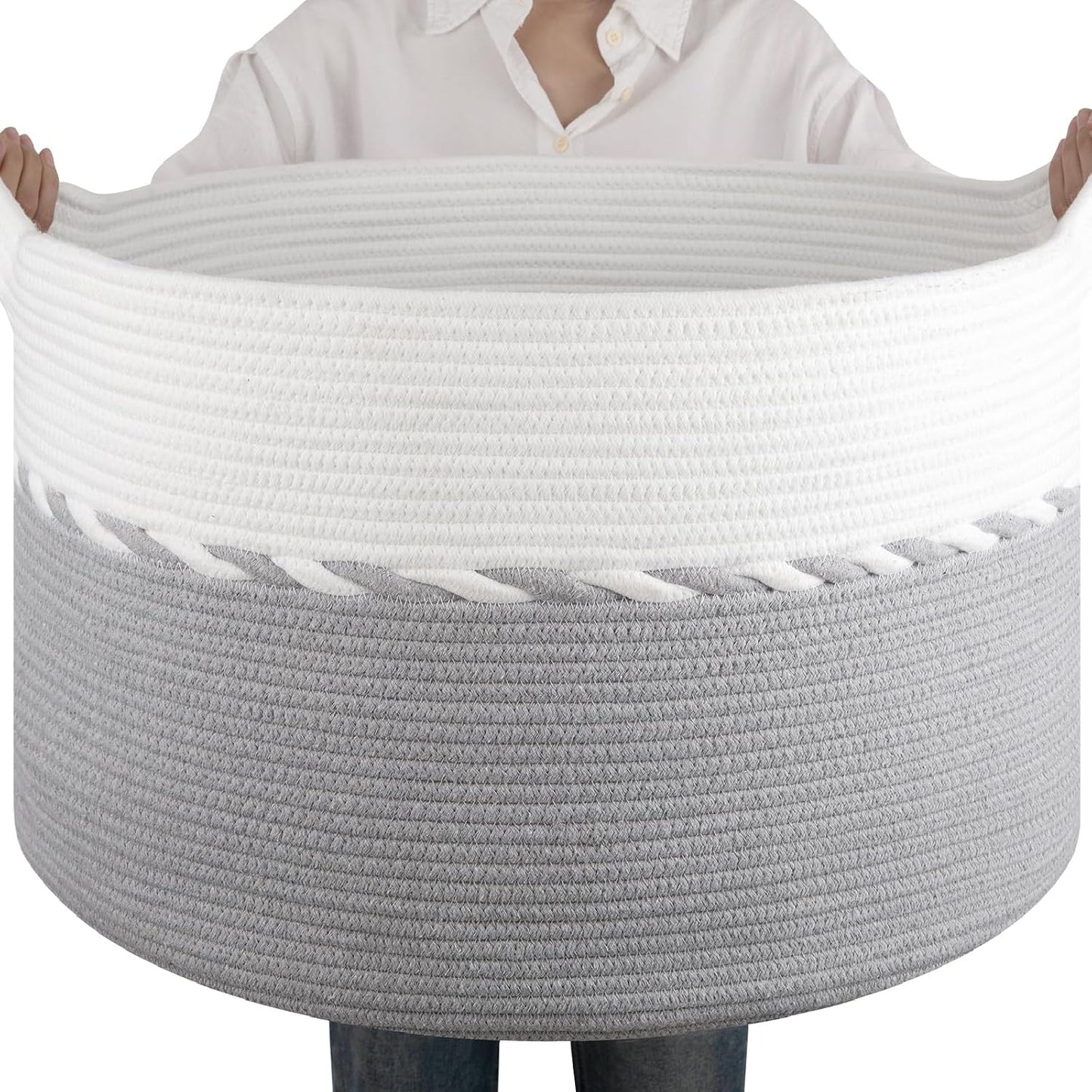 OIAHOMY 90L Extra Large Blanket Basket - Decorative Cotton Rope Storage Basket for Bedroom, Living Room & Nursery - Woven Laundry Hamper for Organizing Blankets, Clothes & Toys - Grey & White