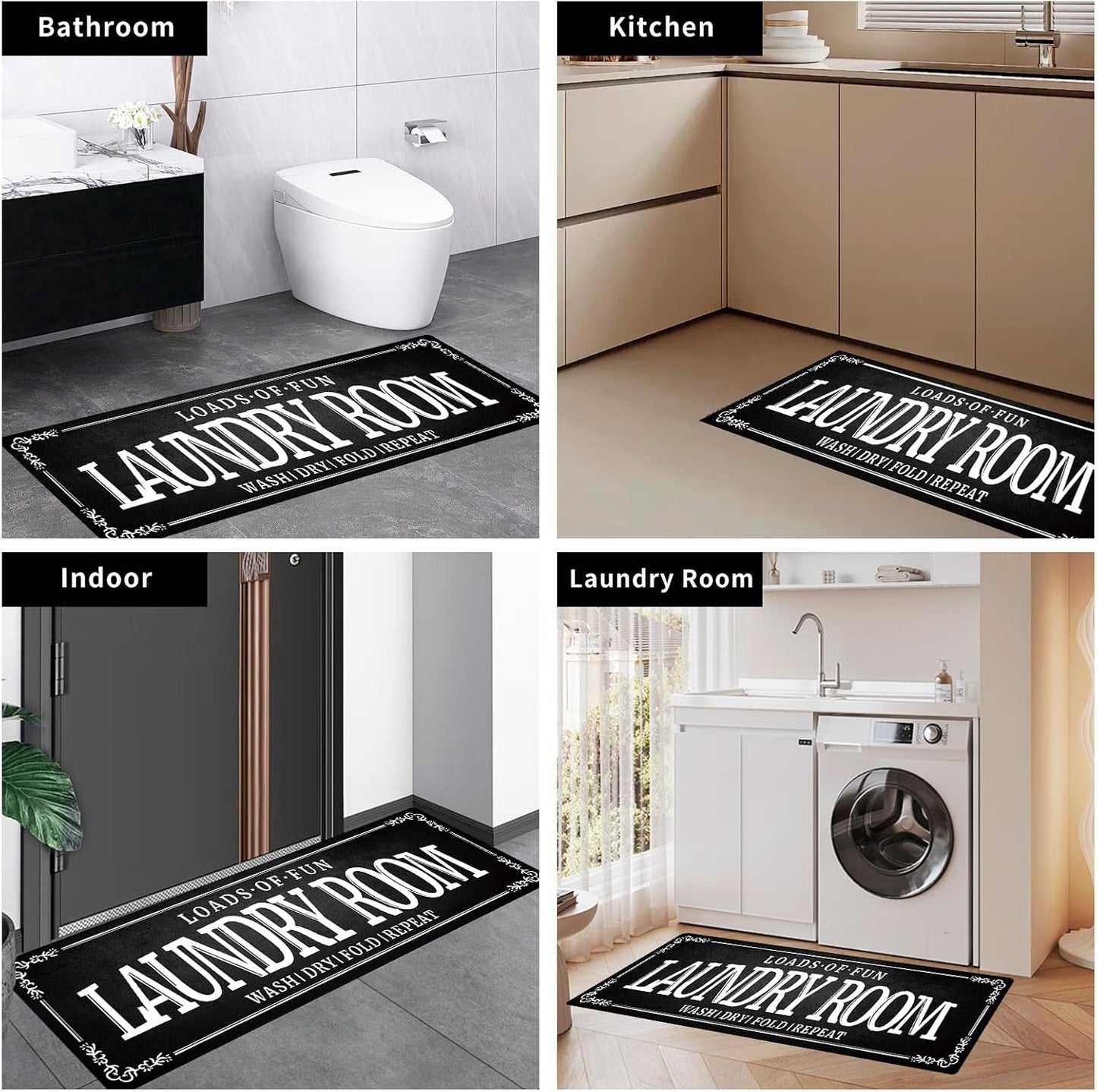 Non-Slip Rubberback Laundry Room Rug Runner 20''x47'' - Kitchen Farmhouse Decor Floor Laundry Mats for Mudroom and Bathroom Carpet Machine Washable Waterproof, Black