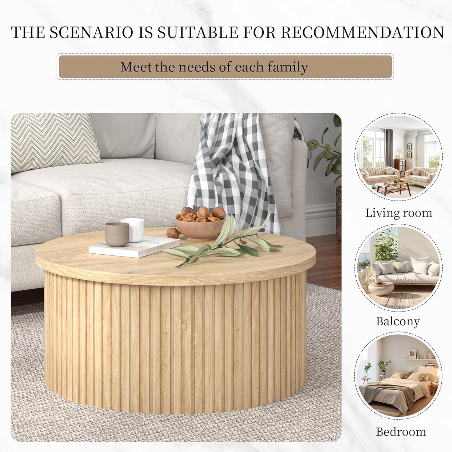 Fsbecl 34'' Round Fluted Lift Top Coffee Table with Hidden Storage, Oak | Wooden Center Table, Lift Top Coffee Table for Living Room, Home Decor