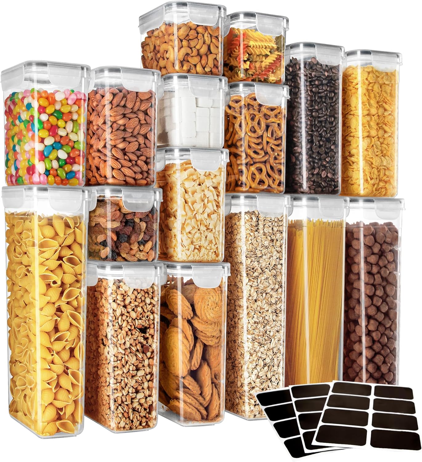 MR.SIGA 12 Pack Airtight Food Storage Container Set, BPA Free Kitchen Pantry Organization, Kitchen Canisters for Cereal, Spaghetti, includes 16 Reusable Sticker Labels