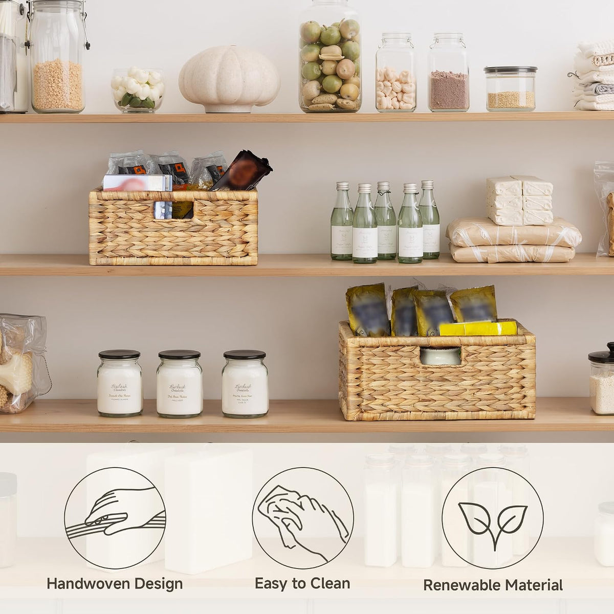 StorageWorks Large Wicker Basket, Pantry Organizer with Wooden Frame