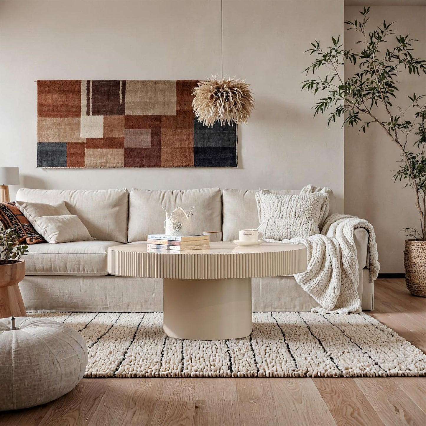 30.71'' Round Coffee Table (White Thin) | Modern Handcraft Drum Coffee Table, Unique Fluted, Wood Center Table, For Living Room, Small Space, Farmhouse, Apartment