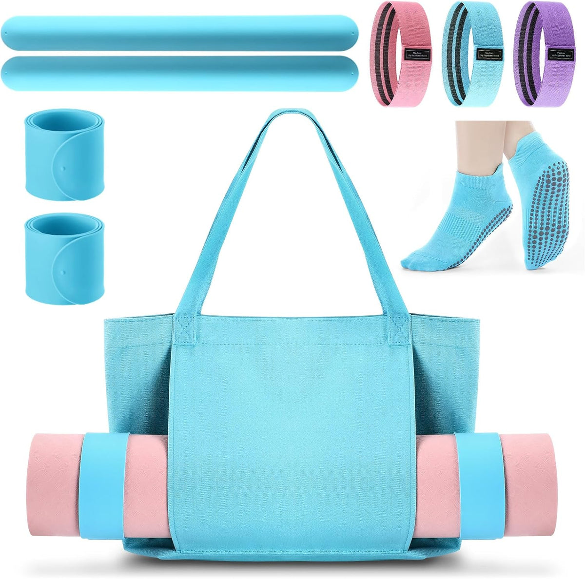Halloscume Yoga Mat Bag Set for Women Including Yoga Tote Bag (Without Mat) Booty Resistance Bands Non Slip Sports Socks Silicone Ties for Pilates Travel Workout Office Home Gym