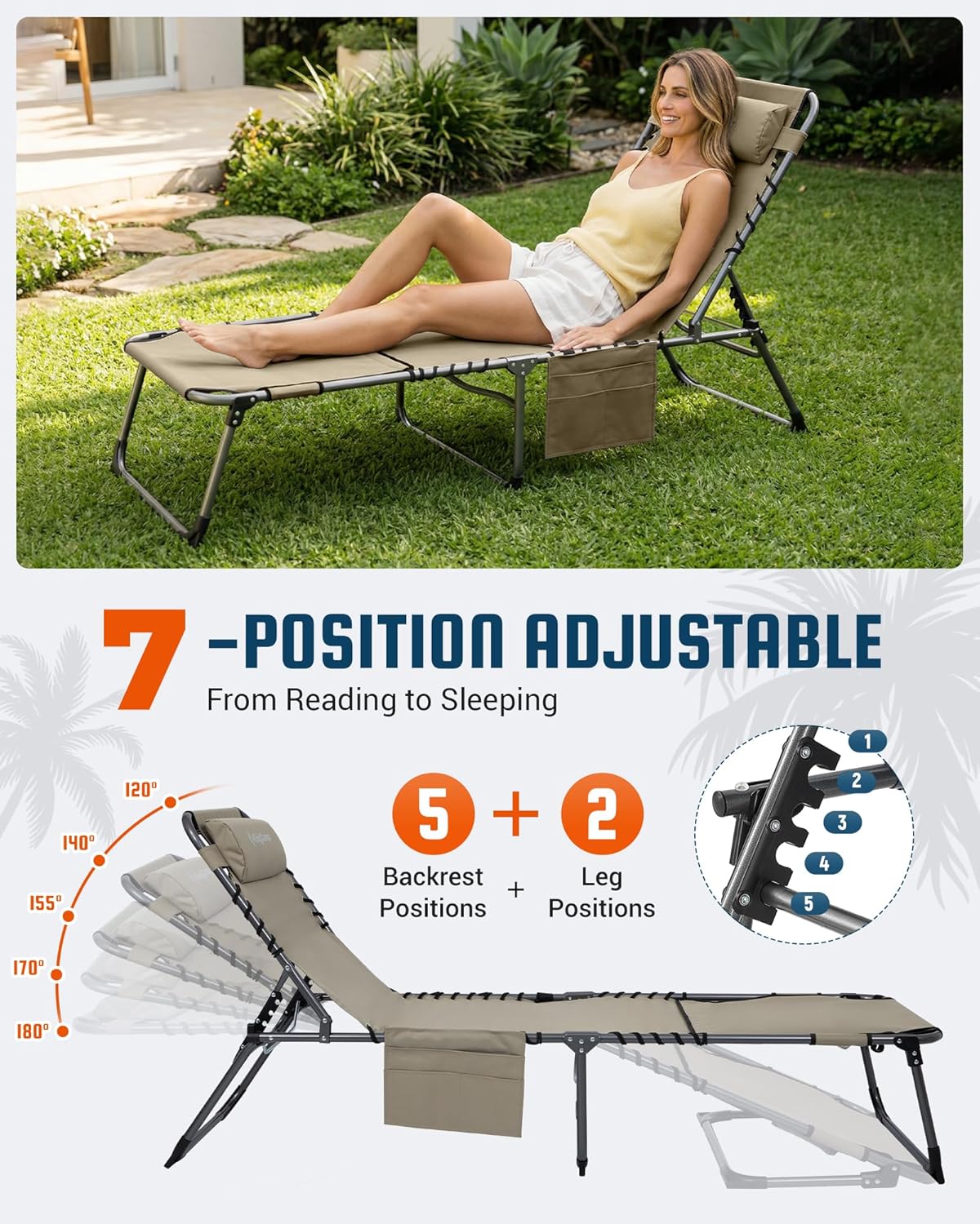 KingCamp Tanning Chair with Face Hole, Lounge Chairs Outdoor Folding Comfy Adjustable 5-Position Lay Flat Foldable Chaise Chaser Lounger for Outside Beach Patio Sun Bathing Pool, Beige