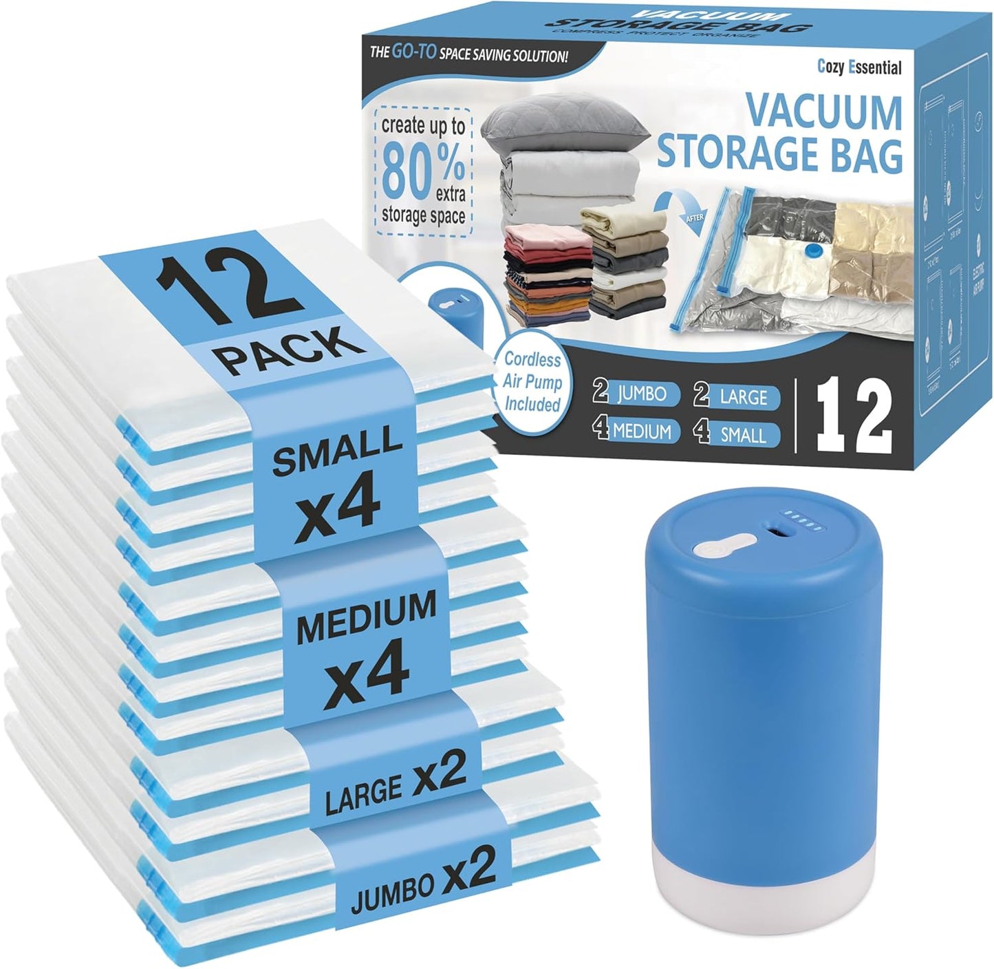Cozy Essential Travel Vacuum Storage Bags with Rechargeable Cordless USB Pump, Space Saver Bags for Luggage, Suitcase, Carry-On, for Clothes, Blankets, Bedding & Seasonal Storage,12 Combo