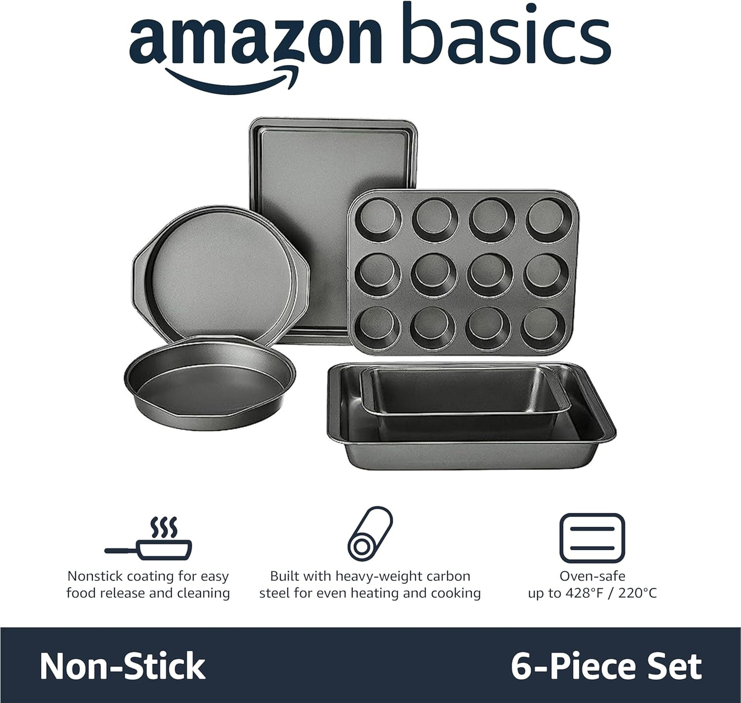 Amazon Basics 6 Piece Nonstick Carbon Steel Bakeware Set with Cake, Muffin, Cookie, and Loaf Pans, Easy Release, Oven Safe, 16.25 x 11.75 x 6.25 inches
