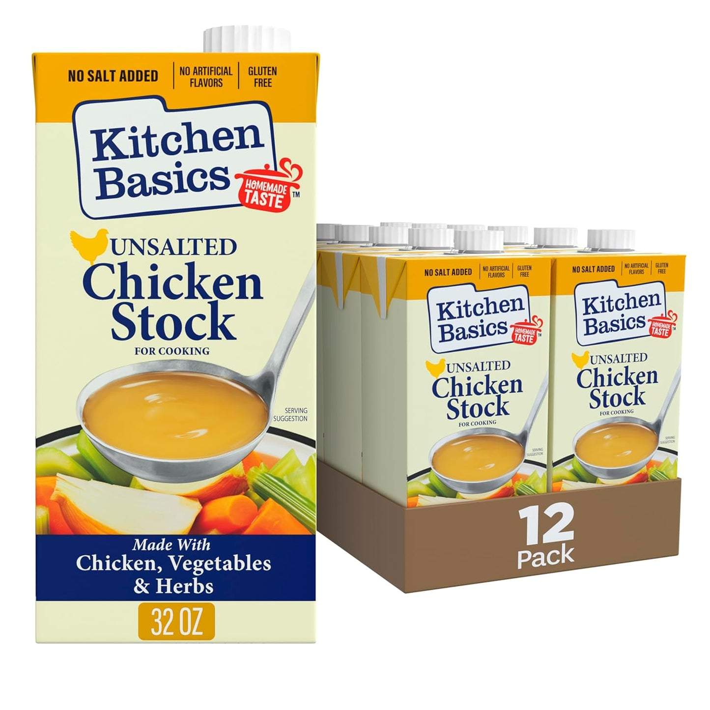 Kitchen Basics Unsalted Chicken Stock, 32 oz. Carton (Pack of 12) Add Delicious Flavor to Chicken Noodle Soup, Broths and Gravy, Perfect for Stocking Up