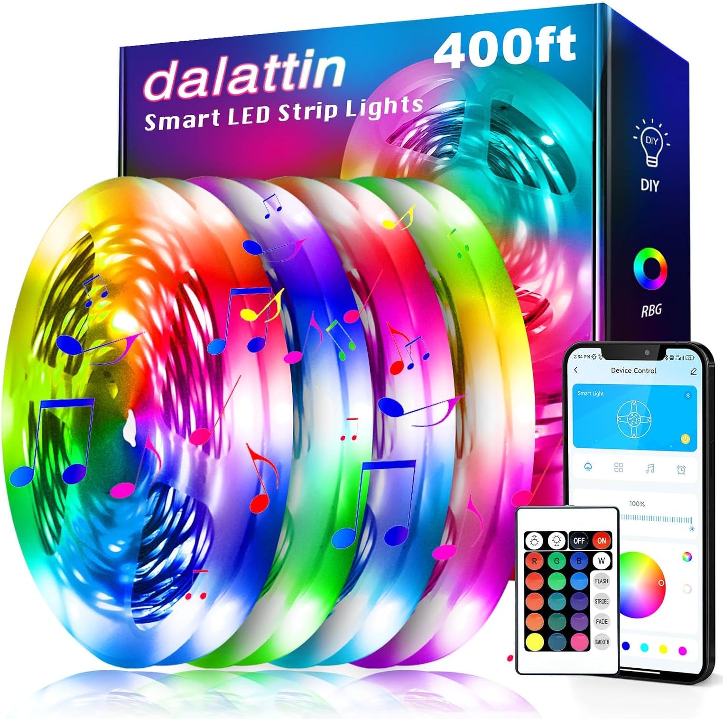 dalattin Led Lights for Bedroom 130ft(2 Rolls of 65.6ft), Led Lighting with Remote&App Control, Color Changing Led Lights for Room, RGB Led Strip Lights Music Sync, Home Decor, 24V Power Supply