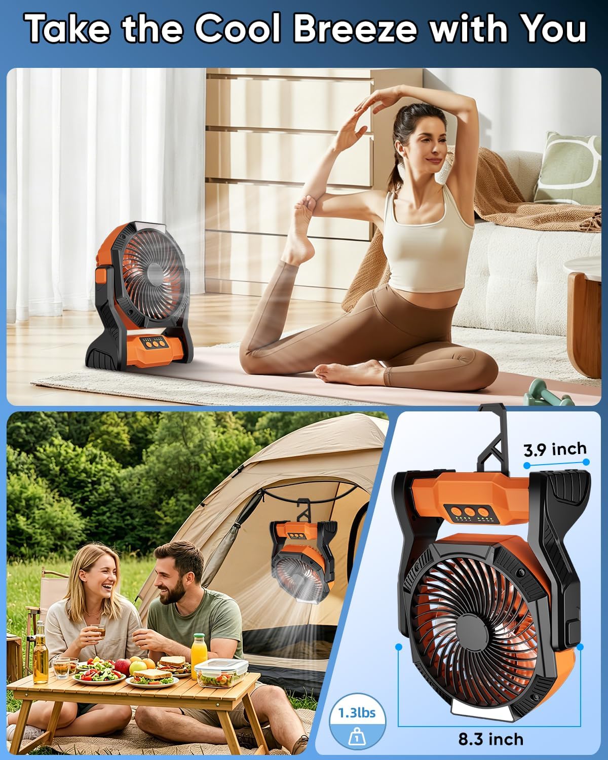 Portable Rechargeable Fan, 20000mAh Battery Powered Camping Fan with LED Light & Hook, 270° Adjustable, 4-Speed, 4H Timer Camping Essentials for Outdoor Tent Travel BBQ Car_Orange