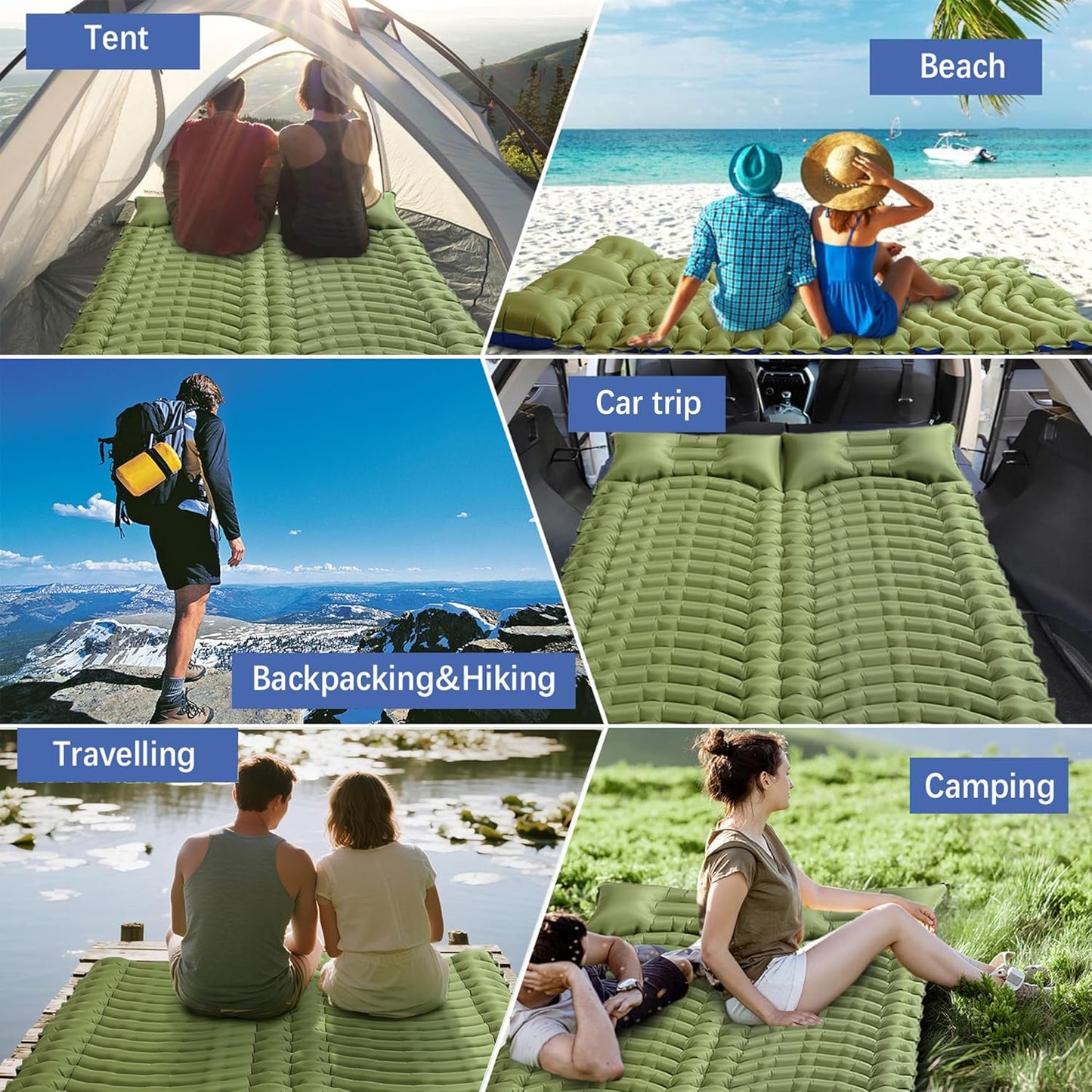 Double Sleeping Pad for Camping - Ultralight Camping Mattress with Pillow, Built-in Foot Pump, Compact Inflatable 2-Person Portable Mat for Backpacking, Hiking, Car Traveling, Beach, Tent