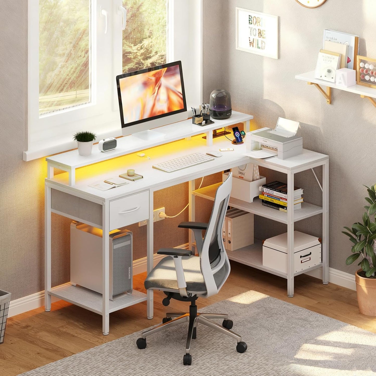 DUMOS 47" Gaming Desk with USB Charging Ports & LED Lights, Reversible L-Shaped Corner Computer Table for Small Spaces, Power Outlets, Monitor Stand & Storage Shelves Included, White