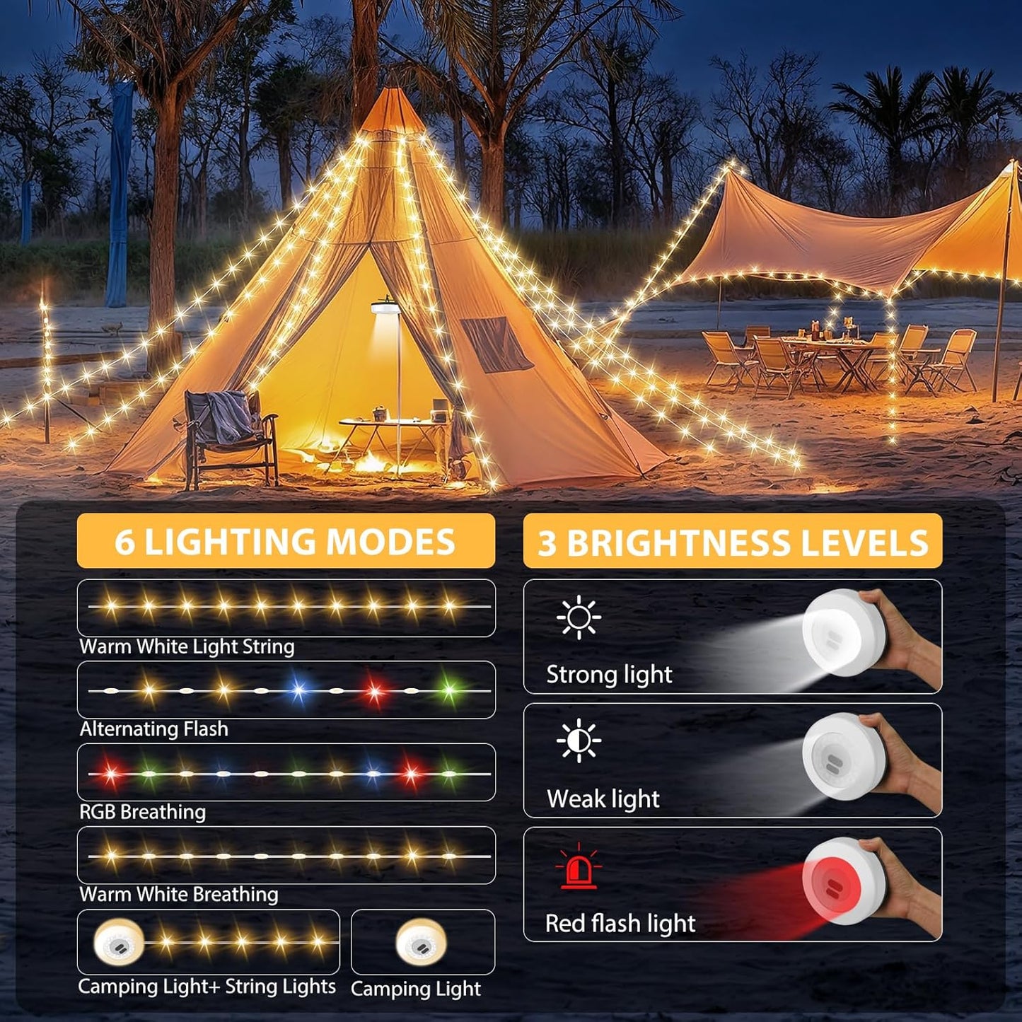 Camping String Lights, 4 in 1 Quick Storage 32.8FT Rechargeable Tent Lights with 9 Lighting Modes, Hanging Waterproof Portable LED Lamp for Outdoor Patio Awning Garden Party Camping Essentials Gear