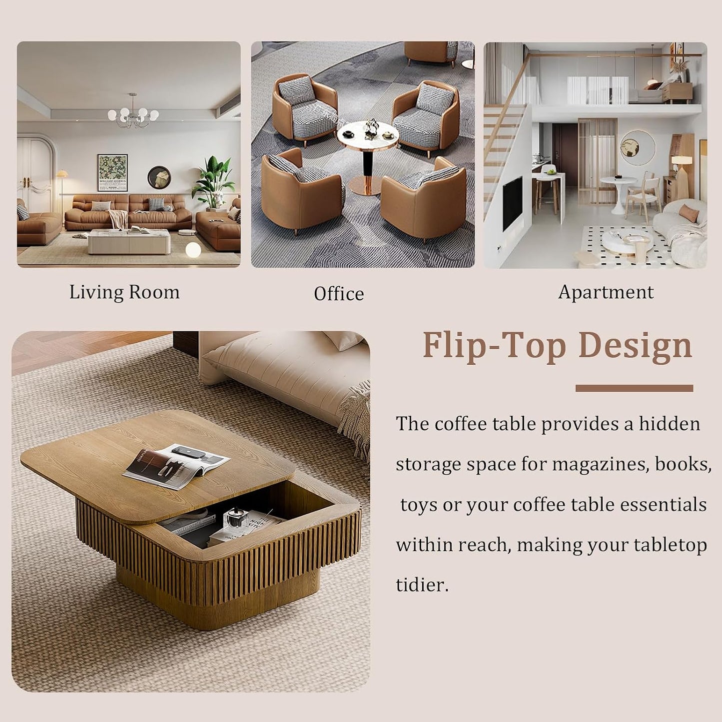 31.5" Square Coffee Table with Hidden Storage Compartment, Modern Handcraft Fluted Drum Coffee Table, Wooden Square Center Table Cocktail Tea Table with Sturdy Pedestal for Living Room, Brwon