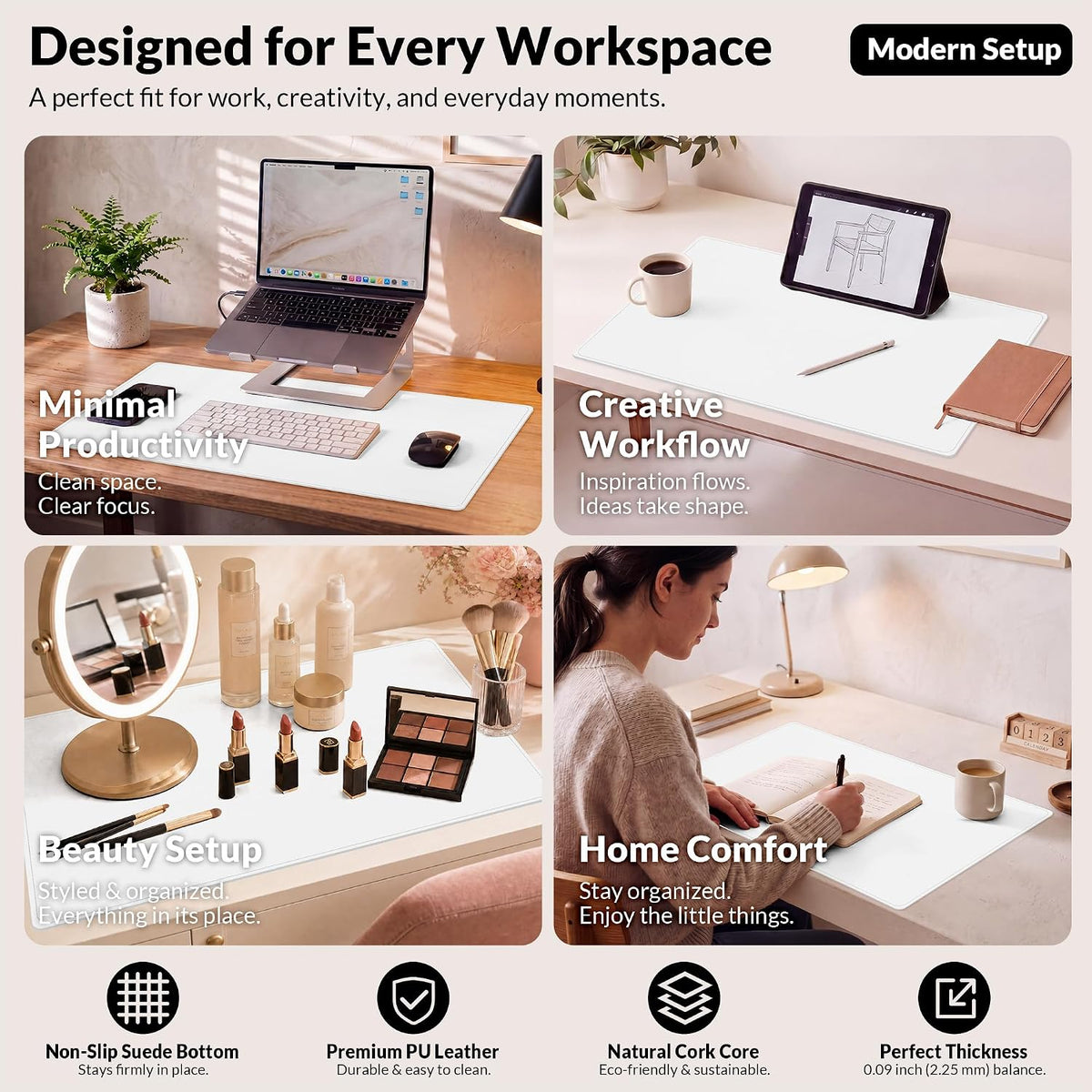 AFIING Cork Desk Mat, White, 31.5" x 17",Desk pad Protector