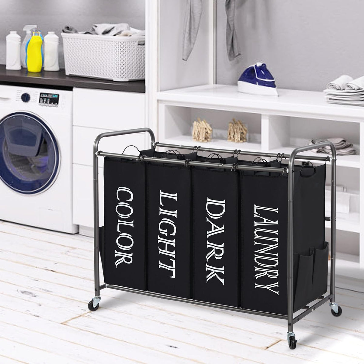 STORAGE MANIAC Laundry Sorter 4 Section, 47.8 Gal (181 L) Laundry Hamper with Wheels, Clothes Divider Basket Sorter, Clothes Separator Hamper Cart with Wheels and Removable Bags, Label Black