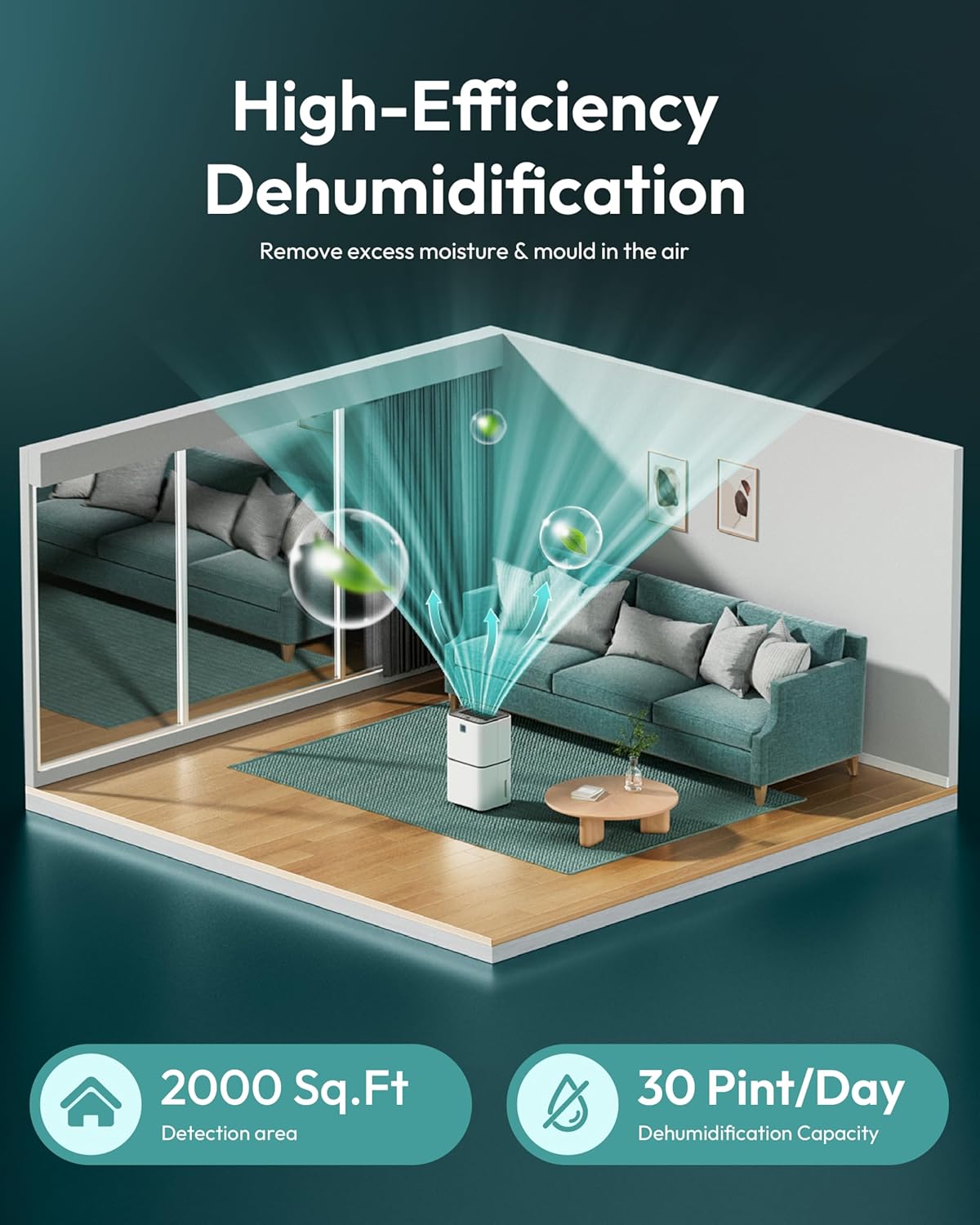 2000 Sq.Ft Dehumidifier for Basement - 36 dB 30 Pints Quiet Dehumidifiers with Drain Hose for Home Bedroom Bathroom Rv 3 Modes with LED Intelligent Humidity Light