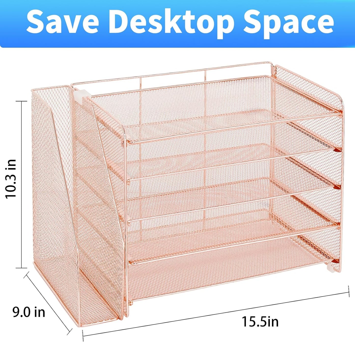 OPNICE Desk Organizer, 5-Tier Paper Organizer Letter Tray with Magazine Holder, Office Desk Accessories & Workspace Organizers, Desktop File Organizer for Office Supplies Storage, Rose Gold