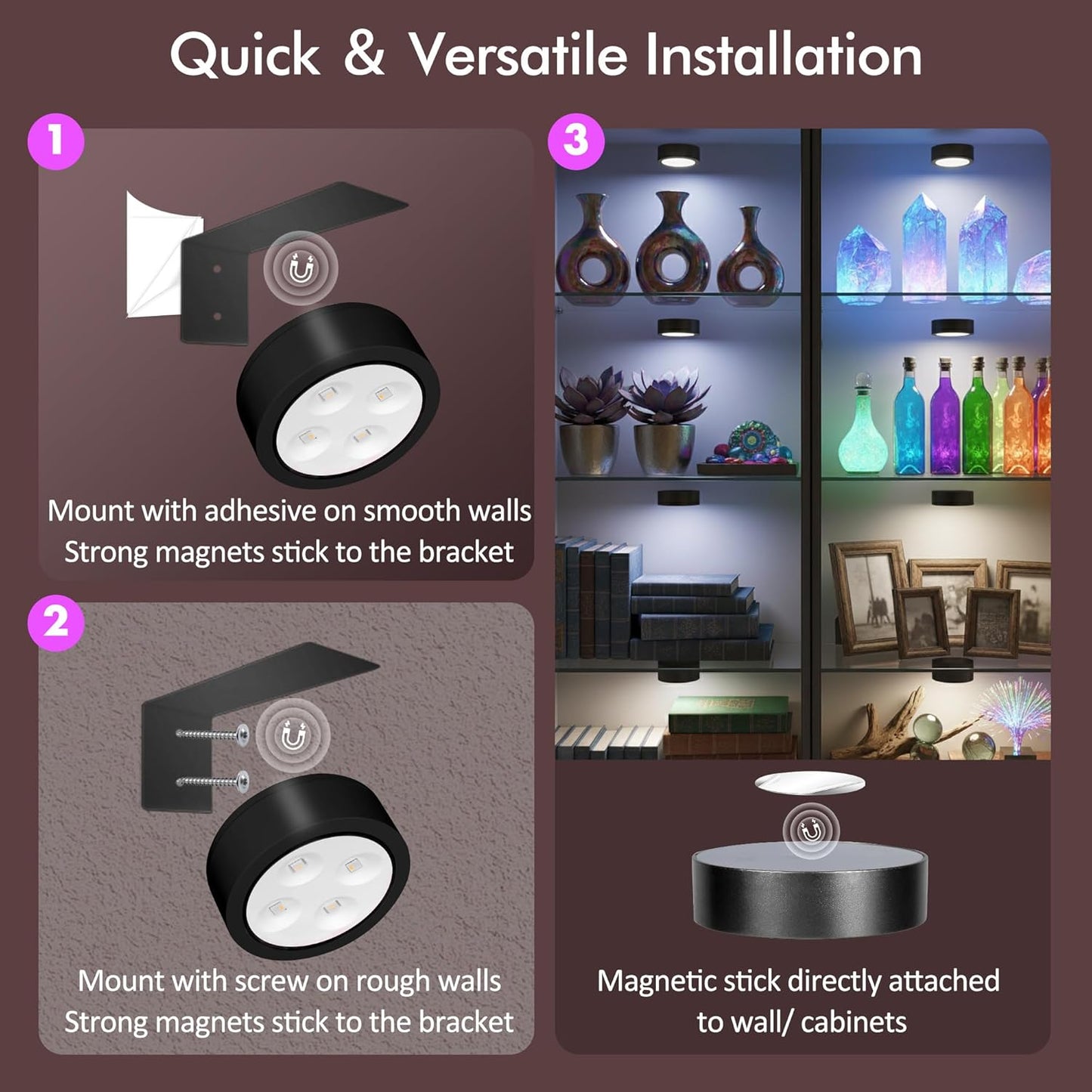 3Pack Picture Lights for Wall, RGB Color Changing Led Art Display Light with Rechargeable Battery Operated, Magnetic Painting Light with Remote Control, Wireless Home Wall Decorative Lighting, Black