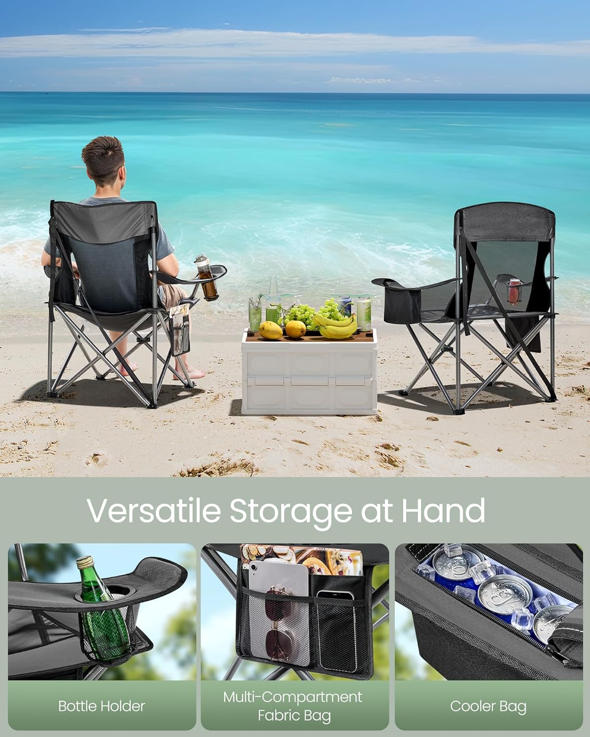 SONGMICS Camping Chair, Folding Oversized Chair, Comfortable and Heavy-Duty, 352 lb Weight Capacity, Adjustable Armrests with Cooler Bag, Storage Bag, Breathable Mesh, Slate Gray UGCB060G01